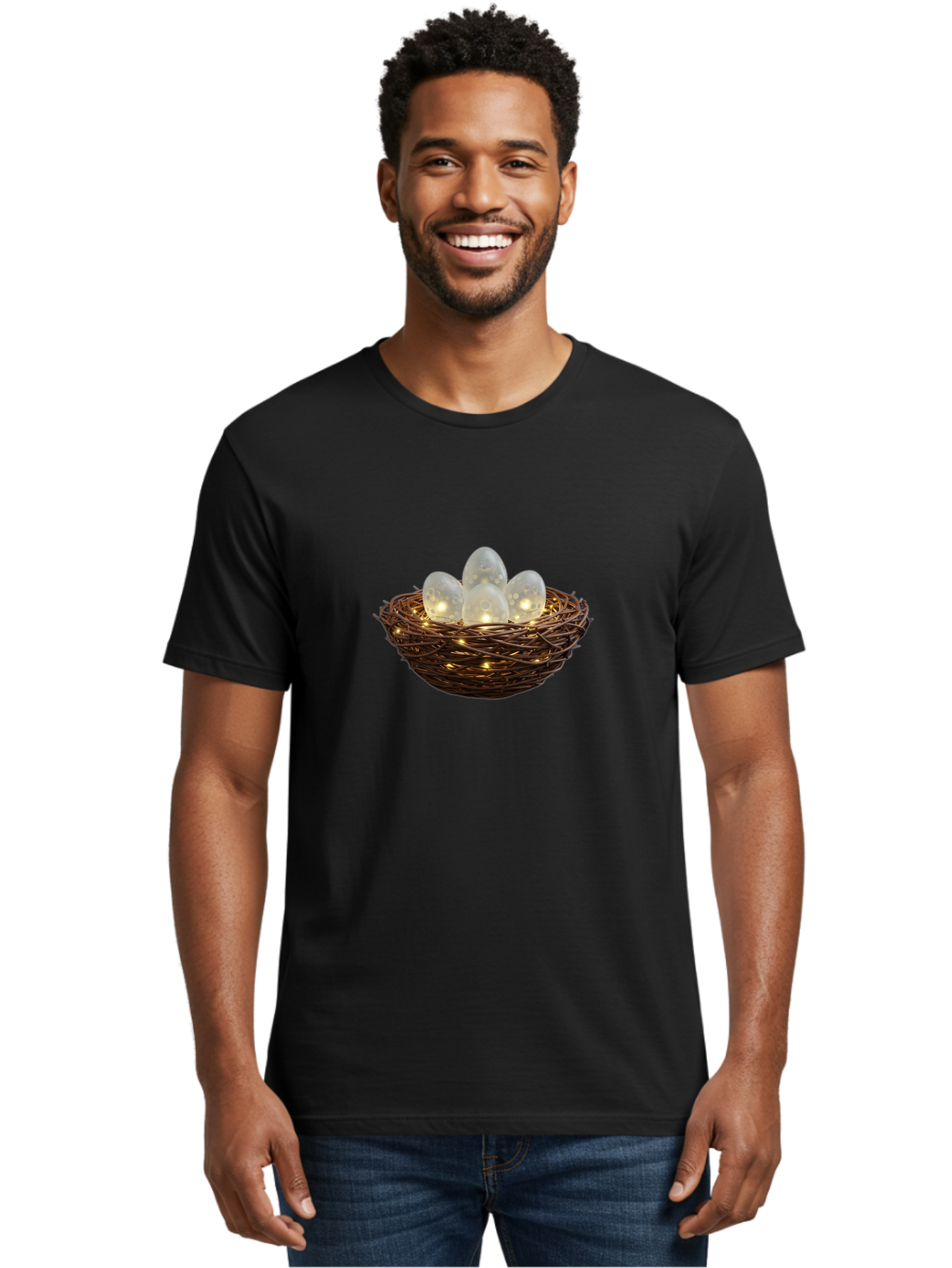 Nest-With-Eggs Men'S Graphic Tee, 100% Cotton, Comfortable Casual Summer Wear, Machine Washable, Glowing Eggs In A Nest, Festive Decor, Decorative Nest, Twig Nest, Glowing Orbs, String Lights, Home Decor, Easter Eggs, Spring Decoration Bab030
