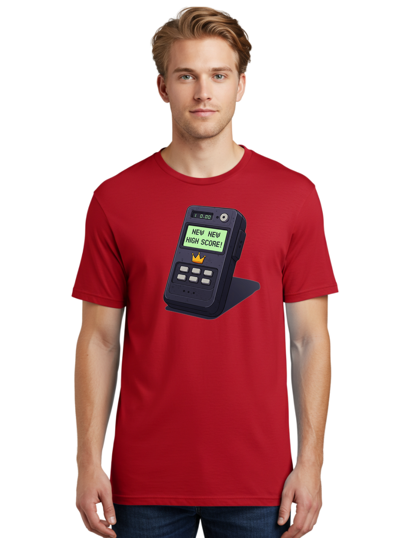 New-New-High-Score Men'S Graphic Tee, 100% Cotton, Comfortable Casual Summer Wear, Machine Washable, Retro Game Console, Vintage Video Game, High Score Alert, Nostalgic Gaming, Classic Arcade, Pixel Art, Electronic Device, Retro Technology, Bab032