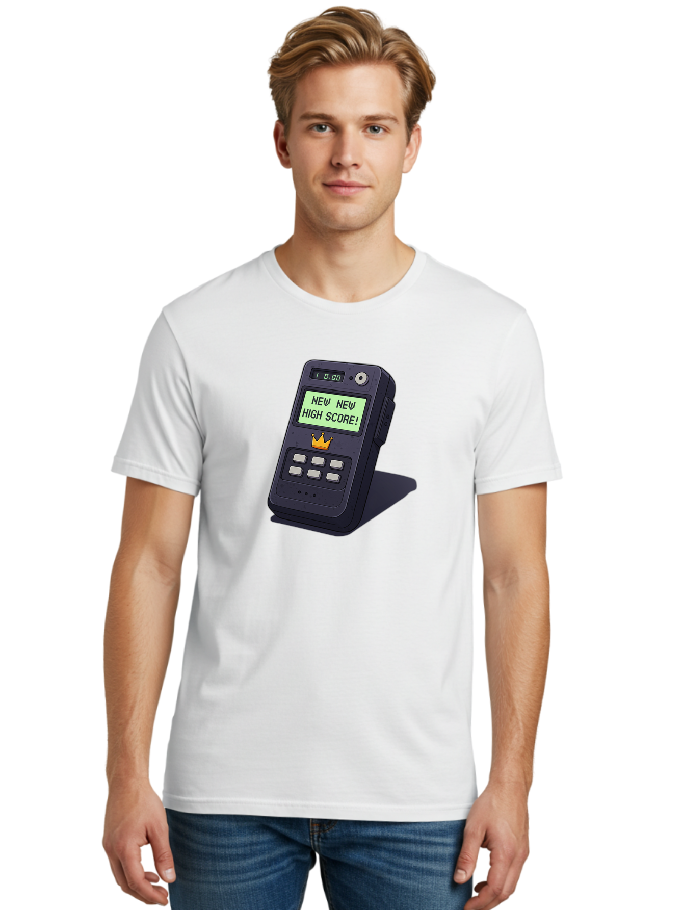 New-New-High-Score Men'S Graphic Tee, 100% Cotton, Comfortable Casual Summer Wear, Machine Washable, Retro Game Console, Vintage Video Game, High Score Alert, Nostalgic Gaming, Classic Arcade, Pixel Art, Electronic Device, Retro Technology, Bab032