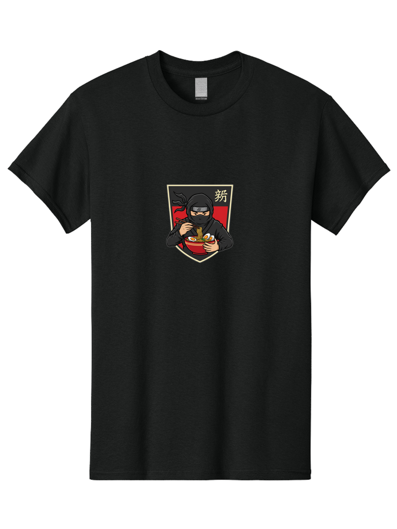 Ninja-Ramen Men'S Graphic Tee, 100% Cotton, Comfortable Casual Summer Wear, Machine Washable, Ninja Eating Ramen, Ramen Noodles, Japanese Food, Asian Cuisine, Ninja Character, Stealthy Eater, Chopsticks, Red Bowl, Black Ninja, Kanji Symbol Bab033