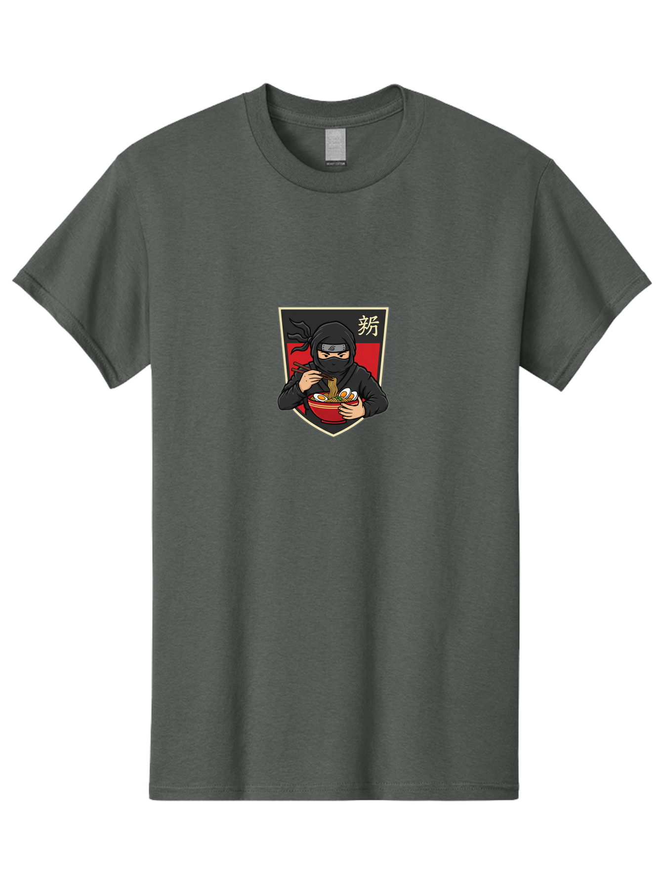 Ninja-Ramen Men'S Graphic Tee, 100% Cotton, Comfortable Casual Summer Wear, Machine Washable, Ninja Eating Ramen, Ramen Noodles, Japanese Food, Asian Cuisine, Ninja Character, Stealthy Eater, Chopsticks, Red Bowl, Black Ninja, Kanji Symbol Bab033