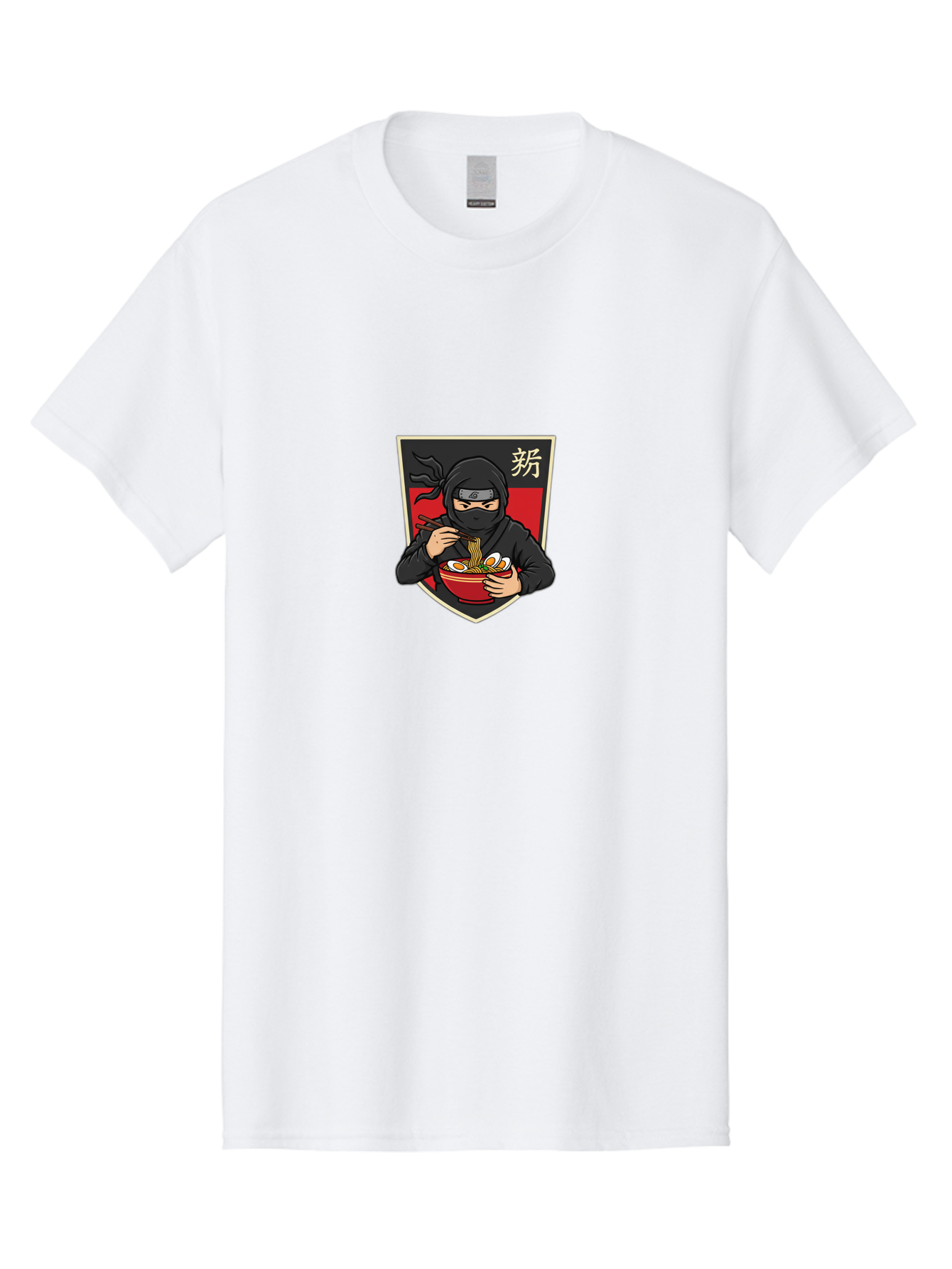 Ninja-Ramen Men'S Graphic Tee, 100% Cotton, Comfortable Casual Summer Wear, Machine Washable, Ninja Eating Ramen, Ramen Noodles, Japanese Food, Asian Cuisine, Ninja Character, Stealthy Eater, Chopsticks, Red Bowl, Black Ninja, Kanji Symbol Bab033