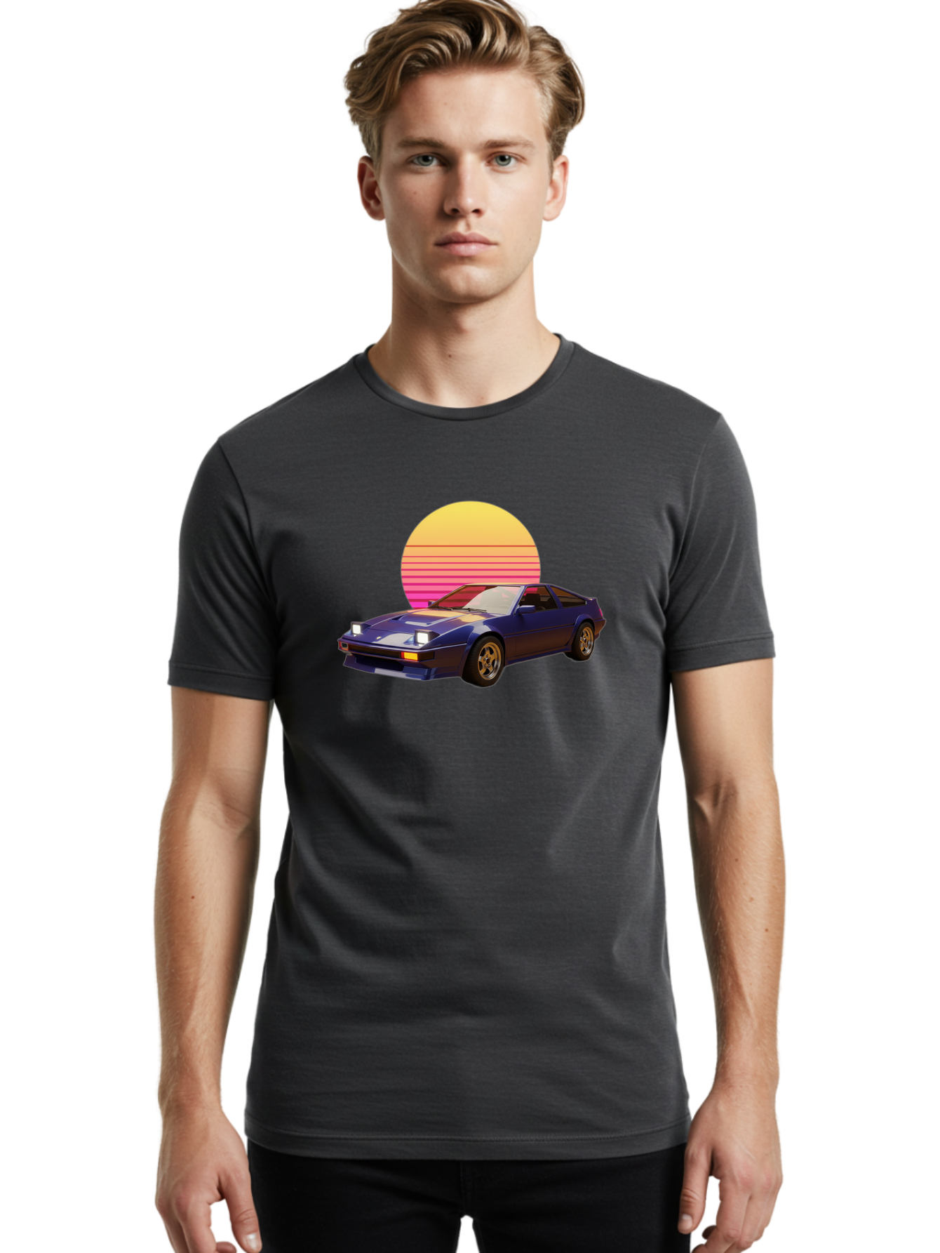 Nissan-280Zx Men'S Graphic Tee, 100% Cotton, Comfortable Casual Summer Wear, Machine Washable, Retro Sports Car, Vintage Automobile, 80S Style, Pop Art, Neon Colors, Gradient Sun, Futuristic Design, Classic Ride, Nostalgic Feel, Bab037