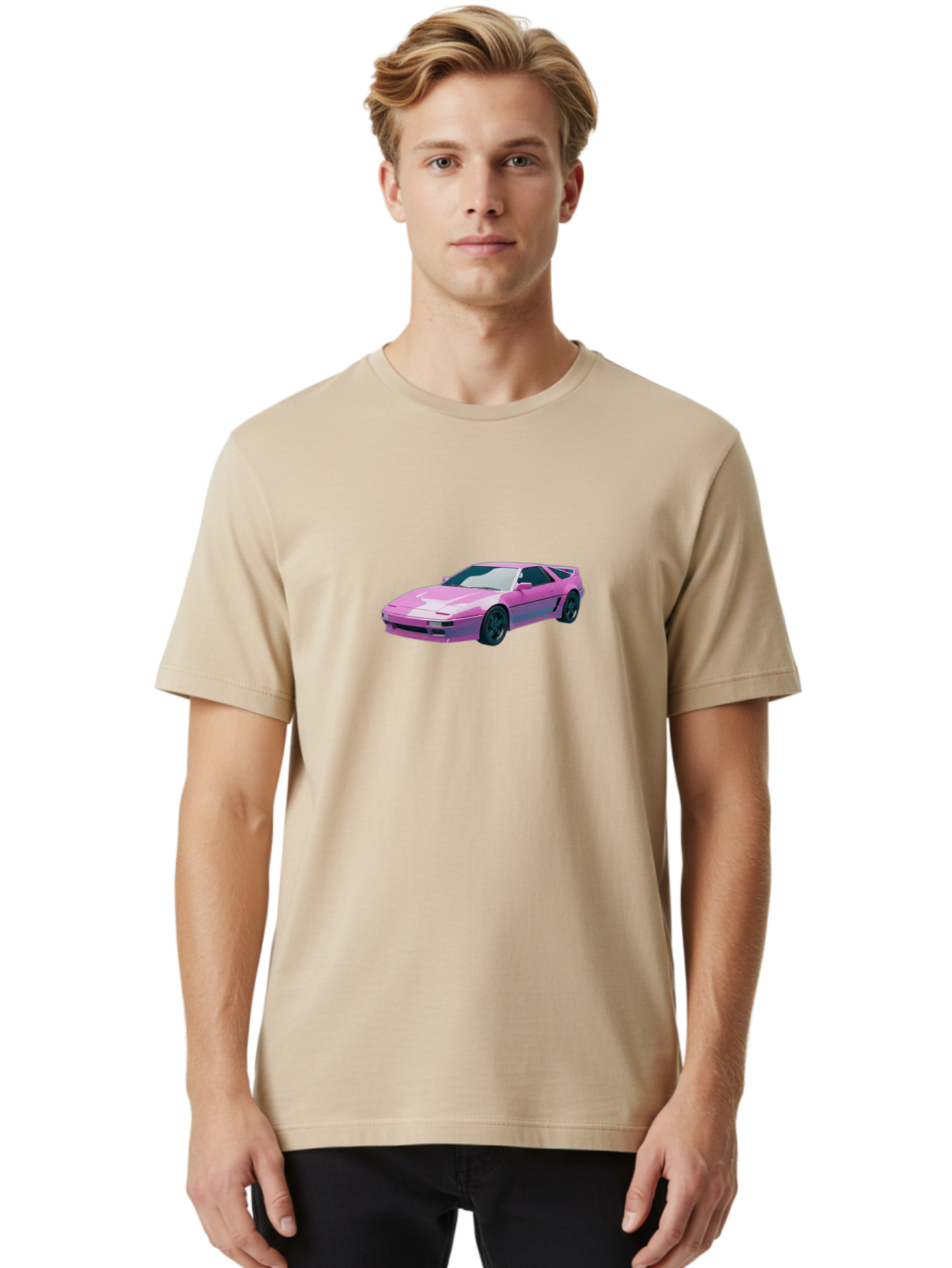 Nissan-300Zx-3 Men'S Graphic Tee, 100% Cotton, Comfortable Casual Summer Wear, Machine Washable, Pink Sports Car, Sleek Design, Futuristic Look, Vibrant Pink Color, Black Wheels, Sports Mode, Luxury Vehicle, High-Performance Car, Stylish Ride Bab040