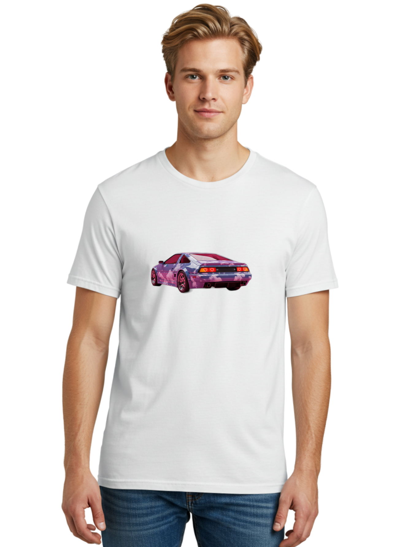 Nissan-S13 Men'S Graphic Tee, 100% Cotton, Comfortable Casual Summer Wear, Machine Washable, Nissan S13 Coupe, Pastel Clouds Wrap, Heart-Shaped Taillights, Unique Car Design, Vibrant Pastel Colors, Custom Car Wrap, Aesthetic Car, Bab044