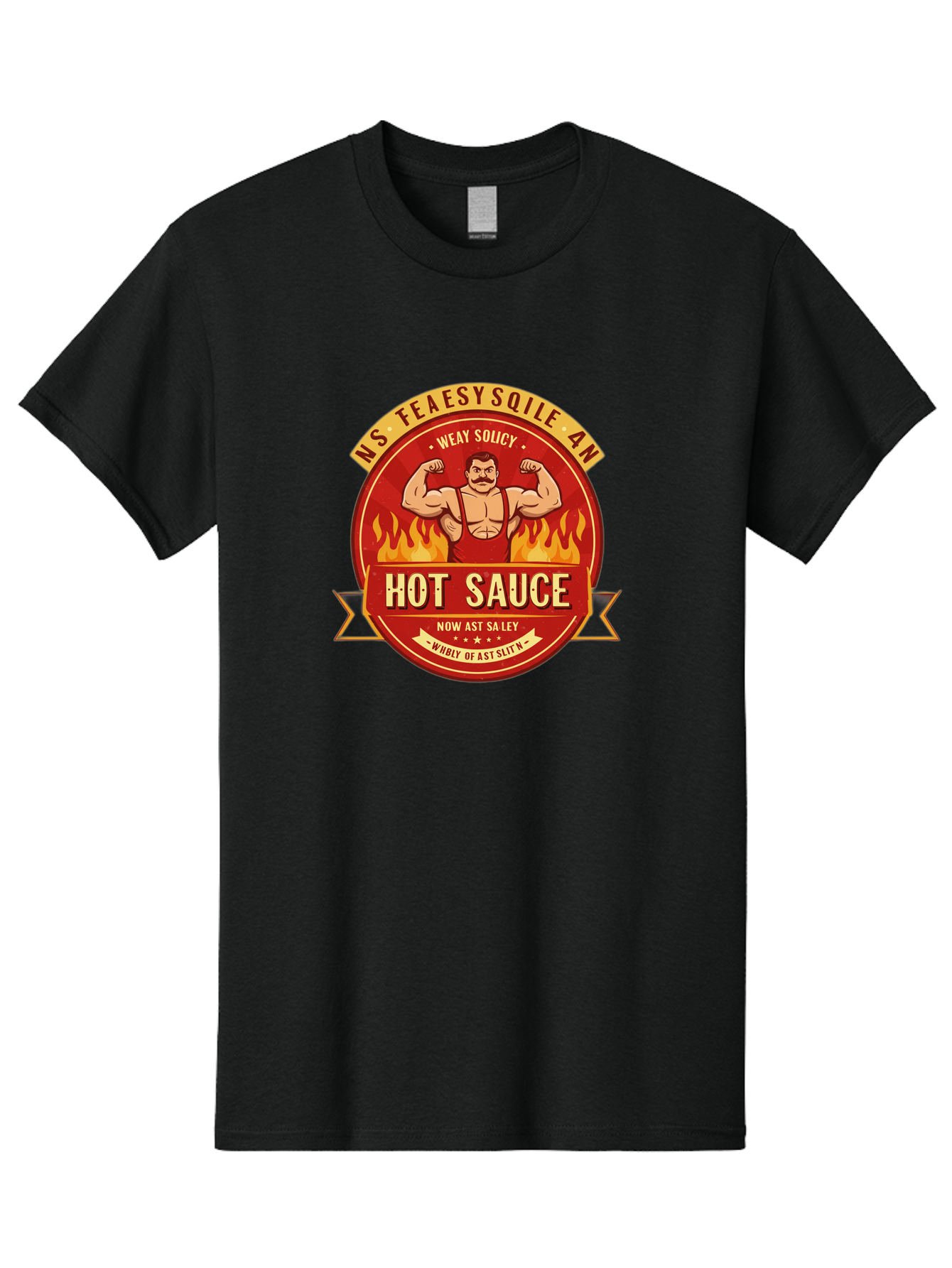 Ns-Feaesy-Sqile-An-Hot-Sauce Men'S Graphic Tee, 100% Cotton, Comfortable Casual Summer Wear, Machine Washable, Hot Sauce Label, Cartoon Strongman, Red And Yellow Design, Fiery Flames, Humorous Text, Playful Typography, Spicy Food, Bab047