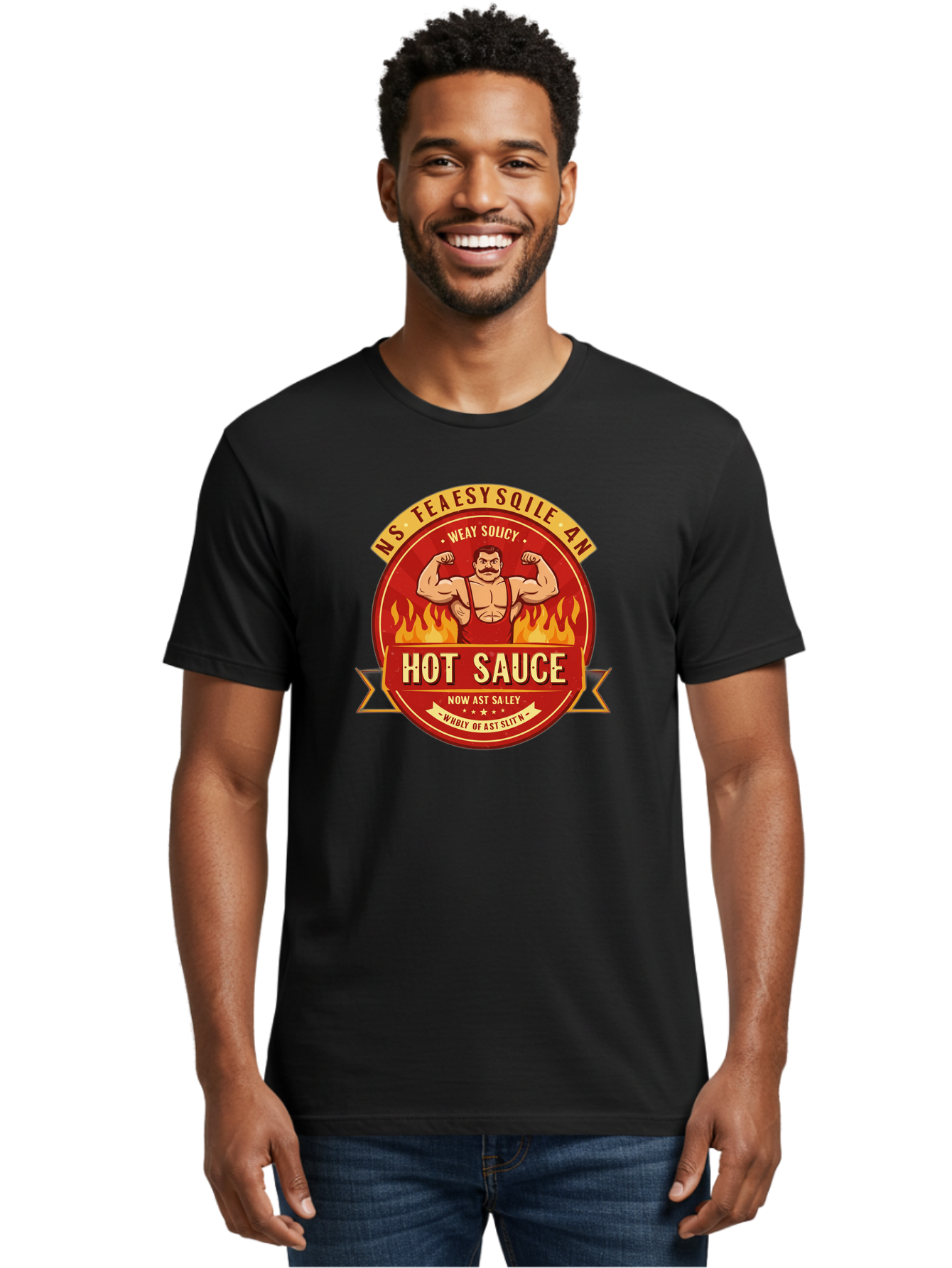 Ns-Feaesy-Sqile-An-Hot-Sauce Men'S Graphic Tee, 100% Cotton, Comfortable Casual Summer Wear, Machine Washable, Hot Sauce Label, Cartoon Strongman, Red And Yellow Design, Fiery Flames, Humorous Text, Playful Typography, Spicy Food, Bab047