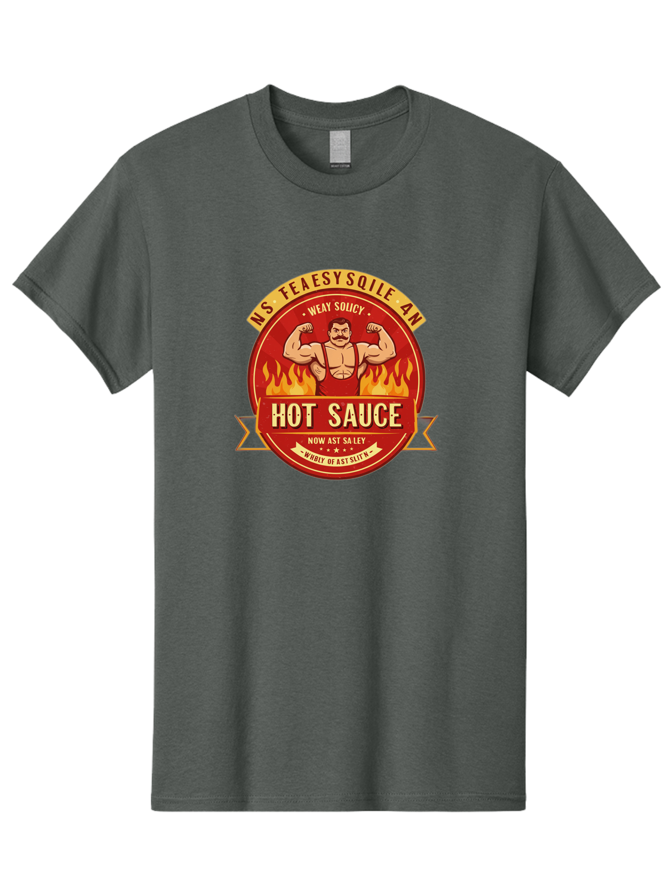 Ns-Feaesy-Sqile-An-Hot-Sauce Men'S Graphic Tee, 100% Cotton, Comfortable Casual Summer Wear, Machine Washable, Hot Sauce Label, Cartoon Strongman, Red And Yellow Design, Fiery Flames, Humorous Text, Playful Typography, Spicy Food, Bab047