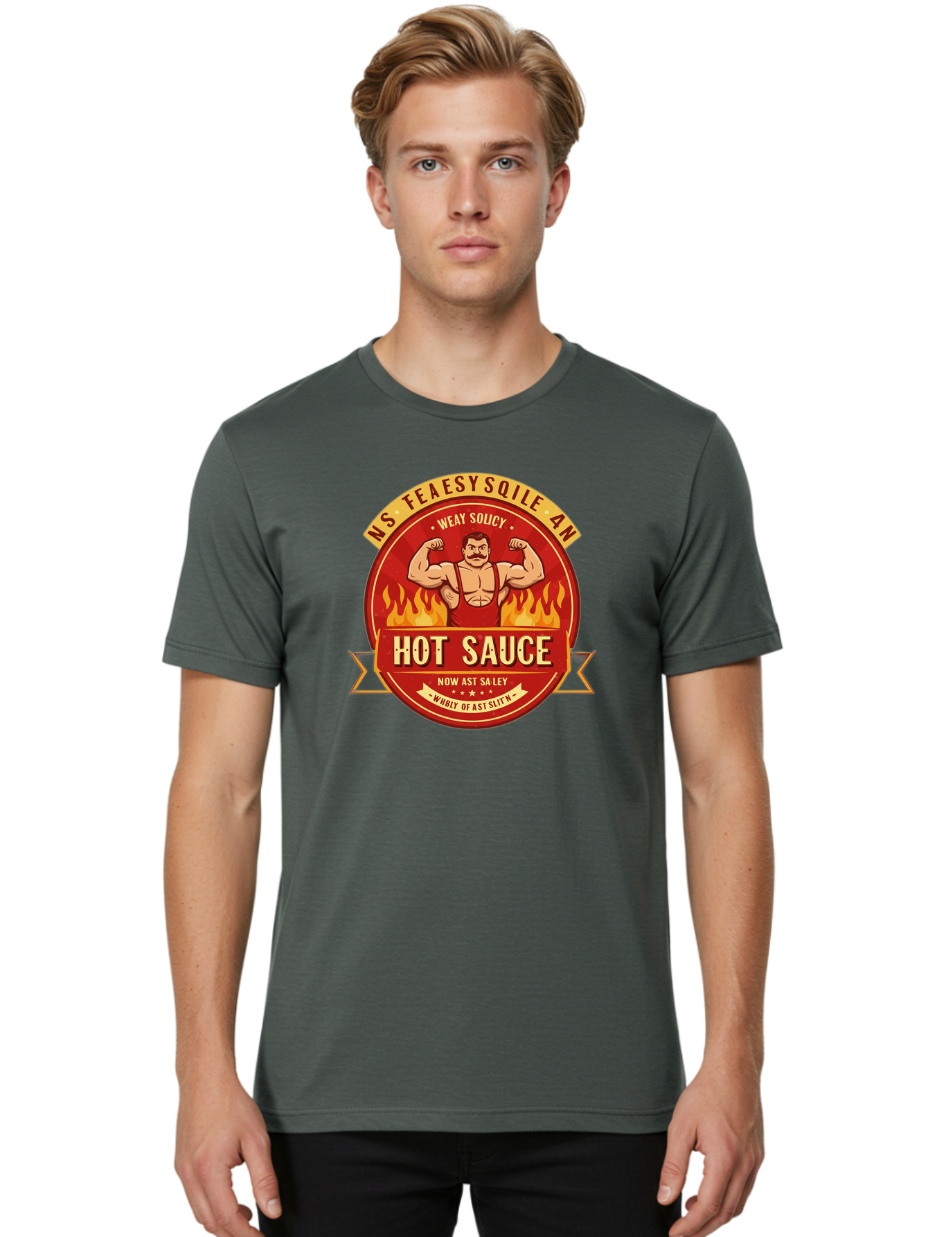 Ns-Feaesy-Sqile-An-Hot-Sauce Men'S Graphic Tee, 100% Cotton, Comfortable Casual Summer Wear, Machine Washable, Hot Sauce Label, Cartoon Strongman, Red And Yellow Design, Fiery Flames, Humorous Text, Playful Typography, Spicy Food, Bab047