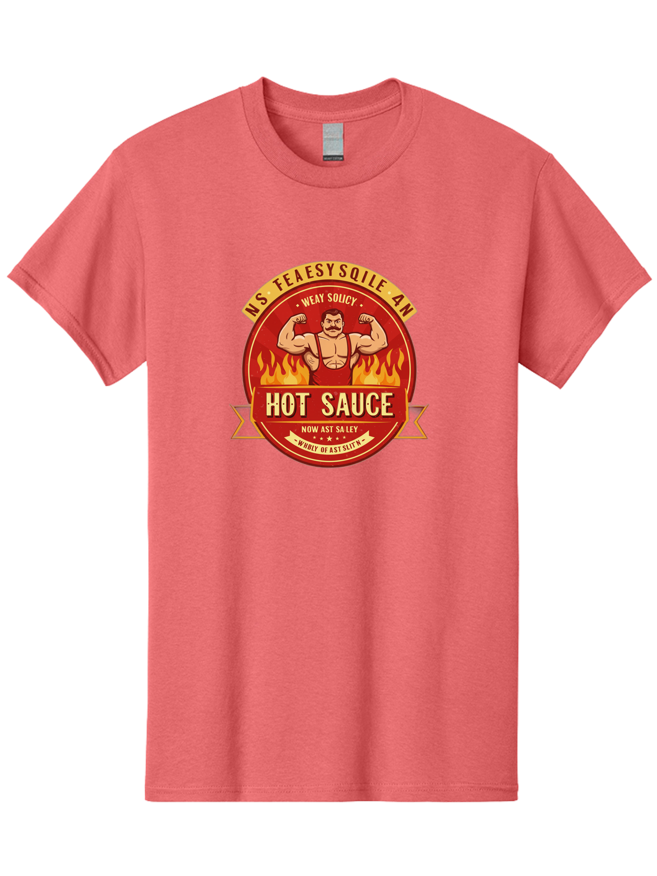 Ns-Feaesy-Sqile-An-Hot-Sauce Men'S Graphic Tee, 100% Cotton, Comfortable Casual Summer Wear, Machine Washable, Hot Sauce Label, Cartoon Strongman, Red And Yellow Design, Fiery Flames, Humorous Text, Playful Typography, Spicy Food, Bab047