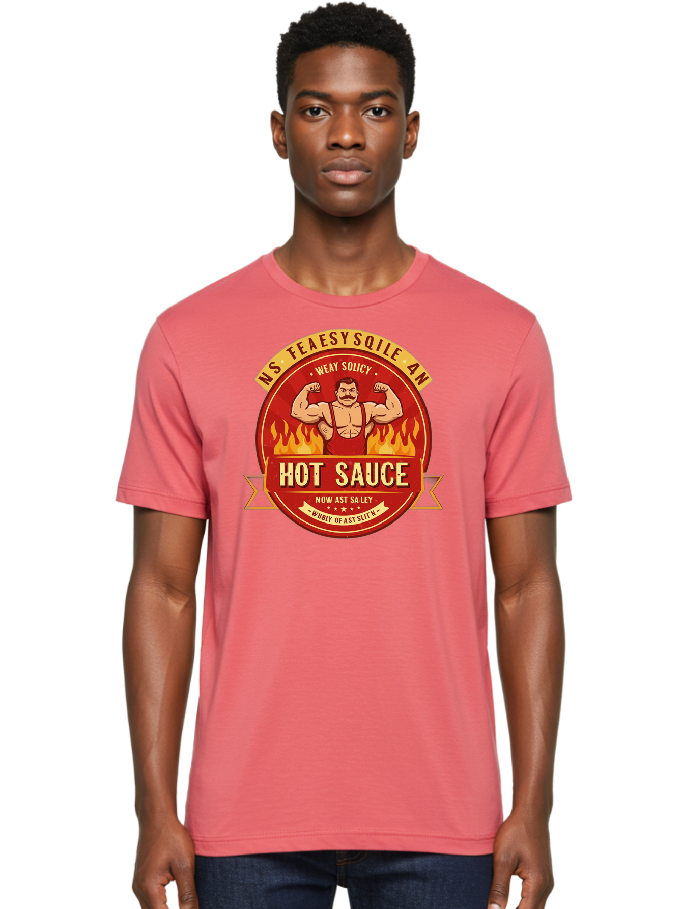Ns-Feaesy-Sqile-An-Hot-Sauce Men'S Graphic Tee, 100% Cotton, Comfortable Casual Summer Wear, Machine Washable, Hot Sauce Label, Cartoon Strongman, Red And Yellow Design, Fiery Flames, Humorous Text, Playful Typography, Spicy Food, Bab047