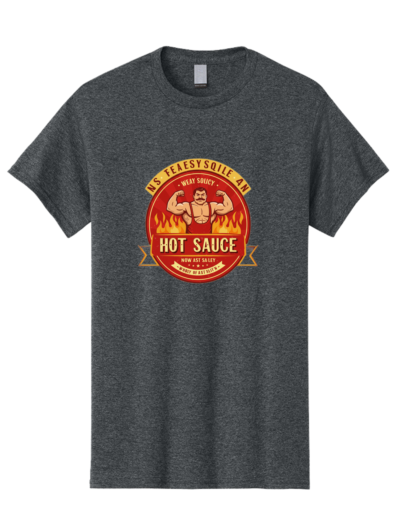 Ns-Feaesy-Sqile-An-Hot-Sauce Men'S Graphic Tee, 100% Cotton, Comfortable Casual Summer Wear, Machine Washable, Hot Sauce Label, Cartoon Strongman, Red And Yellow Design, Fiery Flames, Humorous Text, Playful Typography, Spicy Food, Bab047