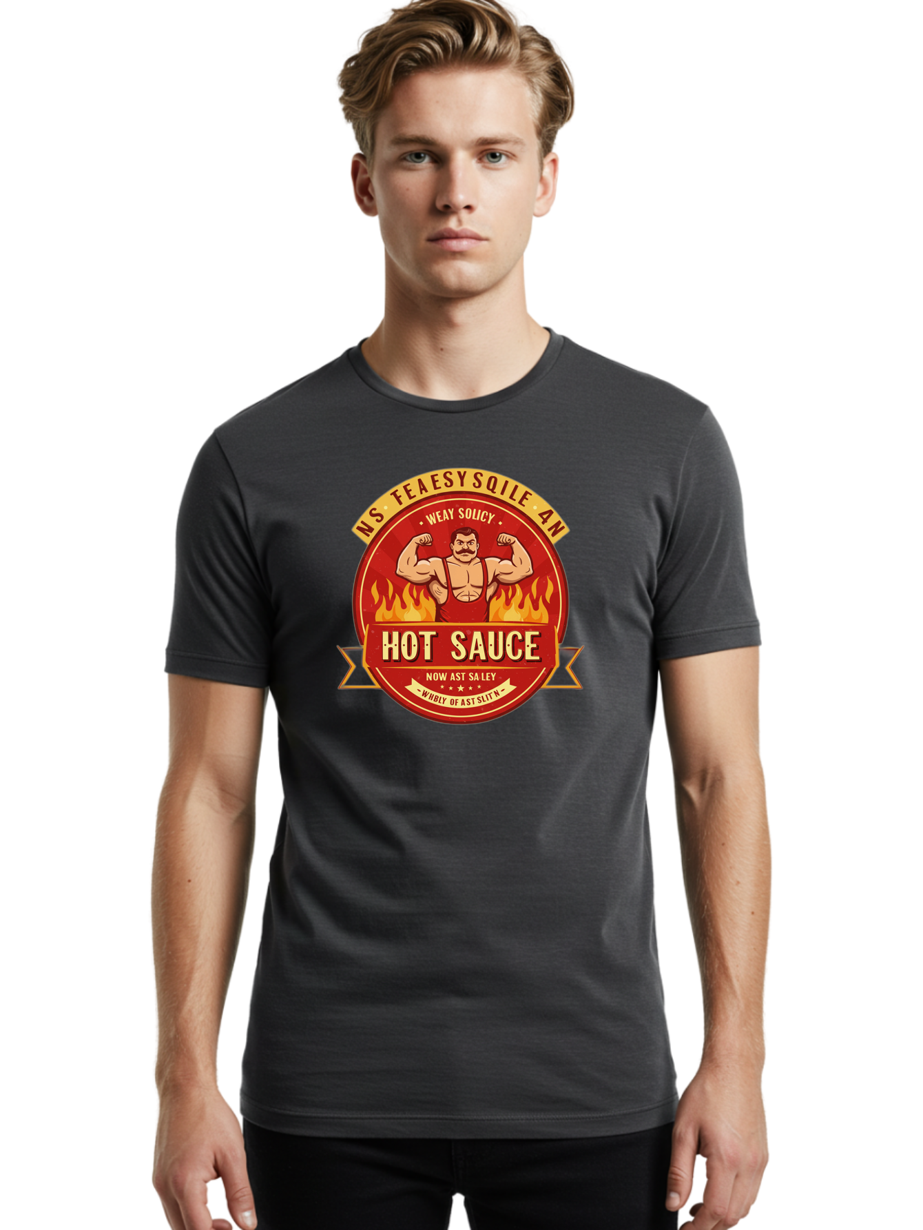 Ns-Feaesy-Sqile-An-Hot-Sauce Men'S Graphic Tee, 100% Cotton, Comfortable Casual Summer Wear, Machine Washable, Hot Sauce Label, Cartoon Strongman, Red And Yellow Design, Fiery Flames, Humorous Text, Playful Typography, Spicy Food, Bab047