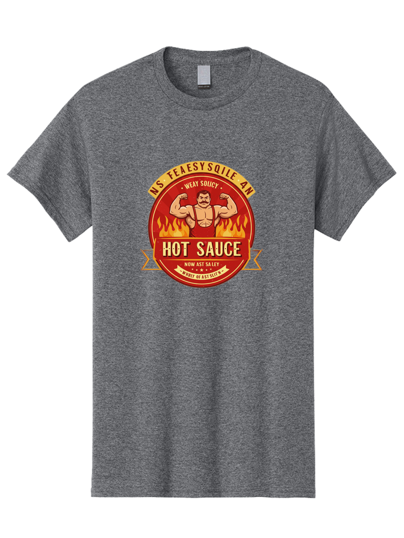 Ns-Feaesy-Sqile-An-Hot-Sauce Men'S Graphic Tee, 100% Cotton, Comfortable Casual Summer Wear, Machine Washable, Hot Sauce Label, Cartoon Strongman, Red And Yellow Design, Fiery Flames, Humorous Text, Playful Typography, Spicy Food, Bab047