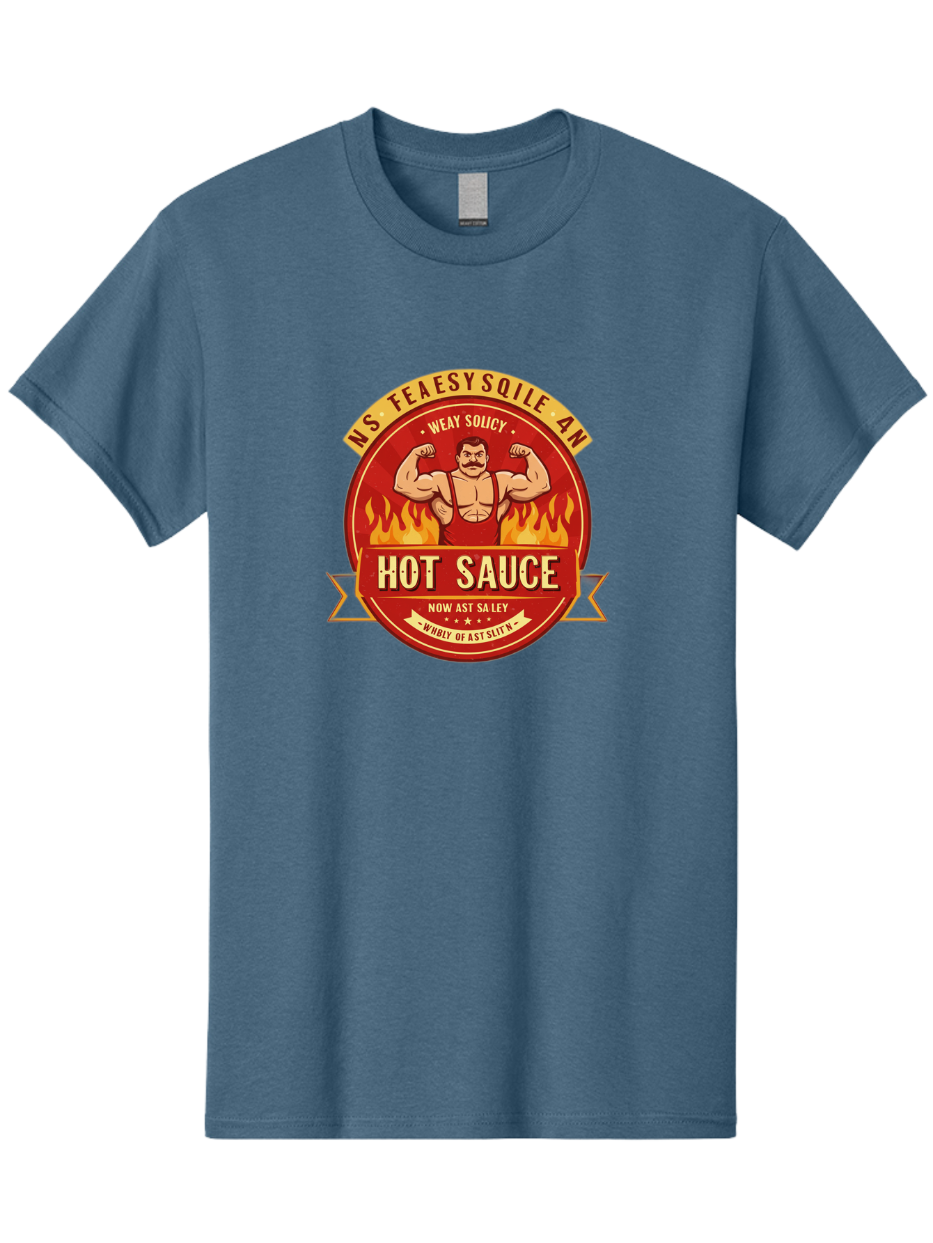 Ns-Feaesy-Sqile-An-Hot-Sauce Men'S Graphic Tee, 100% Cotton, Comfortable Casual Summer Wear, Machine Washable, Hot Sauce Label, Cartoon Strongman, Red And Yellow Design, Fiery Flames, Humorous Text, Playful Typography, Spicy Food, Bab047