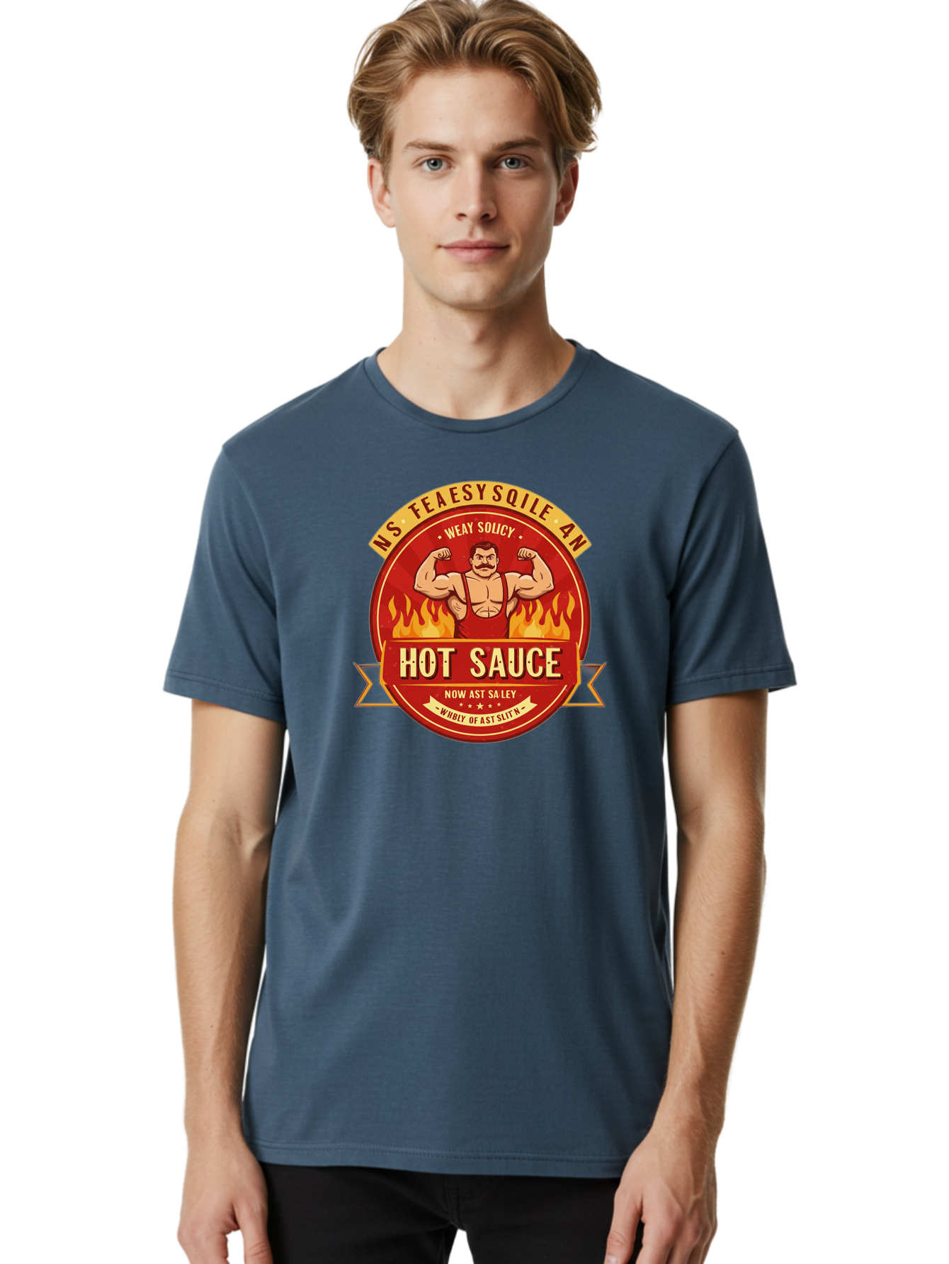 Ns-Feaesy-Sqile-An-Hot-Sauce Men'S Graphic Tee, 100% Cotton, Comfortable Casual Summer Wear, Machine Washable, Hot Sauce Label, Cartoon Strongman, Red And Yellow Design, Fiery Flames, Humorous Text, Playful Typography, Spicy Food, Bab047