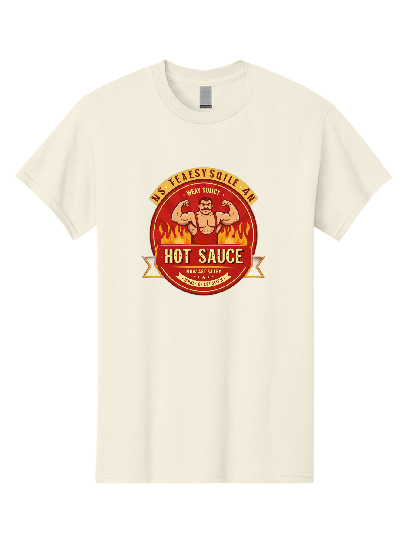 Ns-Feaesy-Sqile-An-Hot-Sauce Men'S Graphic Tee, 100% Cotton, Comfortable Casual Summer Wear, Machine Washable, Hot Sauce Label, Cartoon Strongman, Red And Yellow Design, Fiery Flames, Humorous Text, Playful Typography, Spicy Food, Bab047