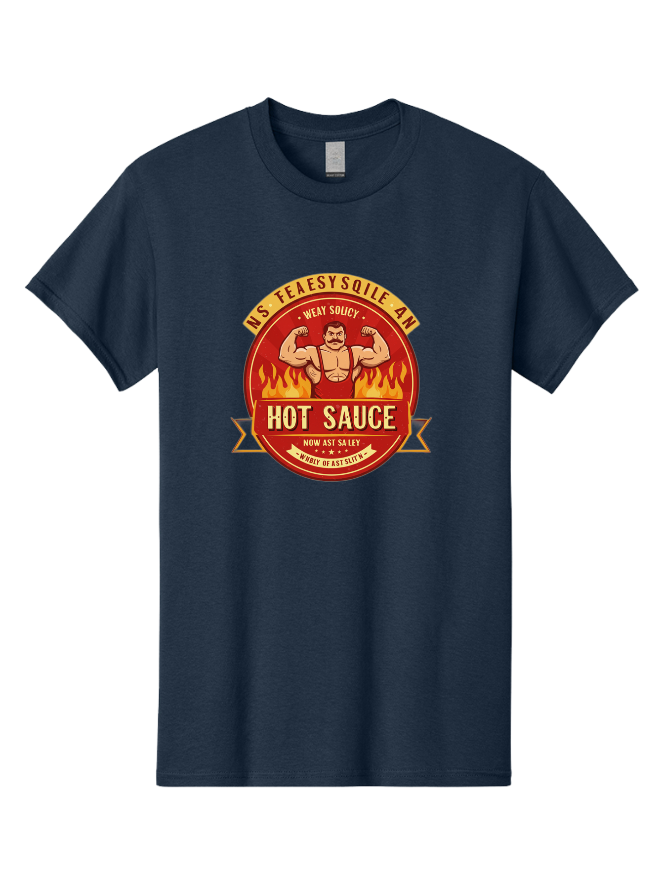 Ns-Feaesy-Sqile-An-Hot-Sauce Men'S Graphic Tee, 100% Cotton, Comfortable Casual Summer Wear, Machine Washable, Hot Sauce Label, Cartoon Strongman, Red And Yellow Design, Fiery Flames, Humorous Text, Playful Typography, Spicy Food, Bab047