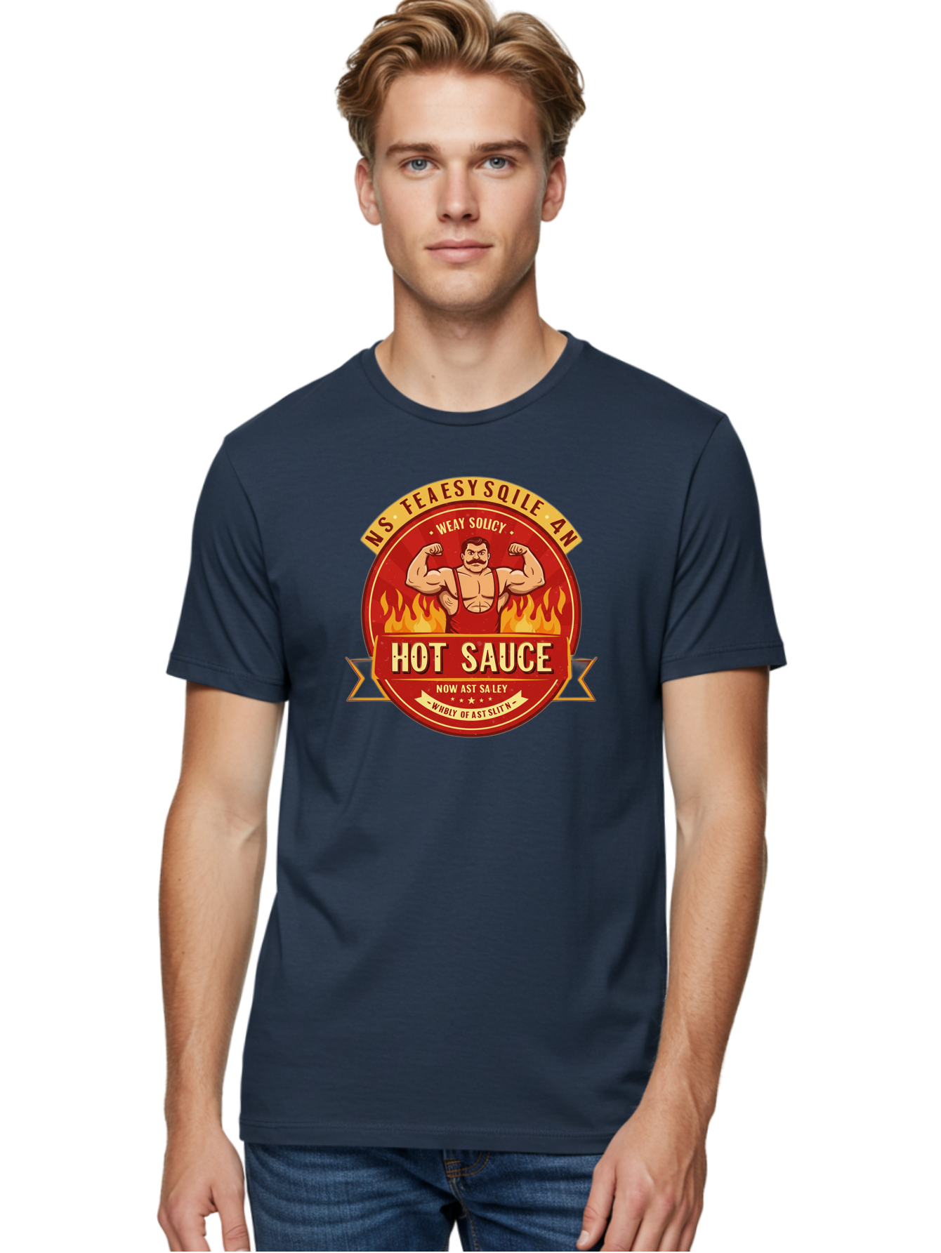 Ns-Feaesy-Sqile-An-Hot-Sauce Men'S Graphic Tee, 100% Cotton, Comfortable Casual Summer Wear, Machine Washable, Hot Sauce Label, Cartoon Strongman, Red And Yellow Design, Fiery Flames, Humorous Text, Playful Typography, Spicy Food, Bab047
