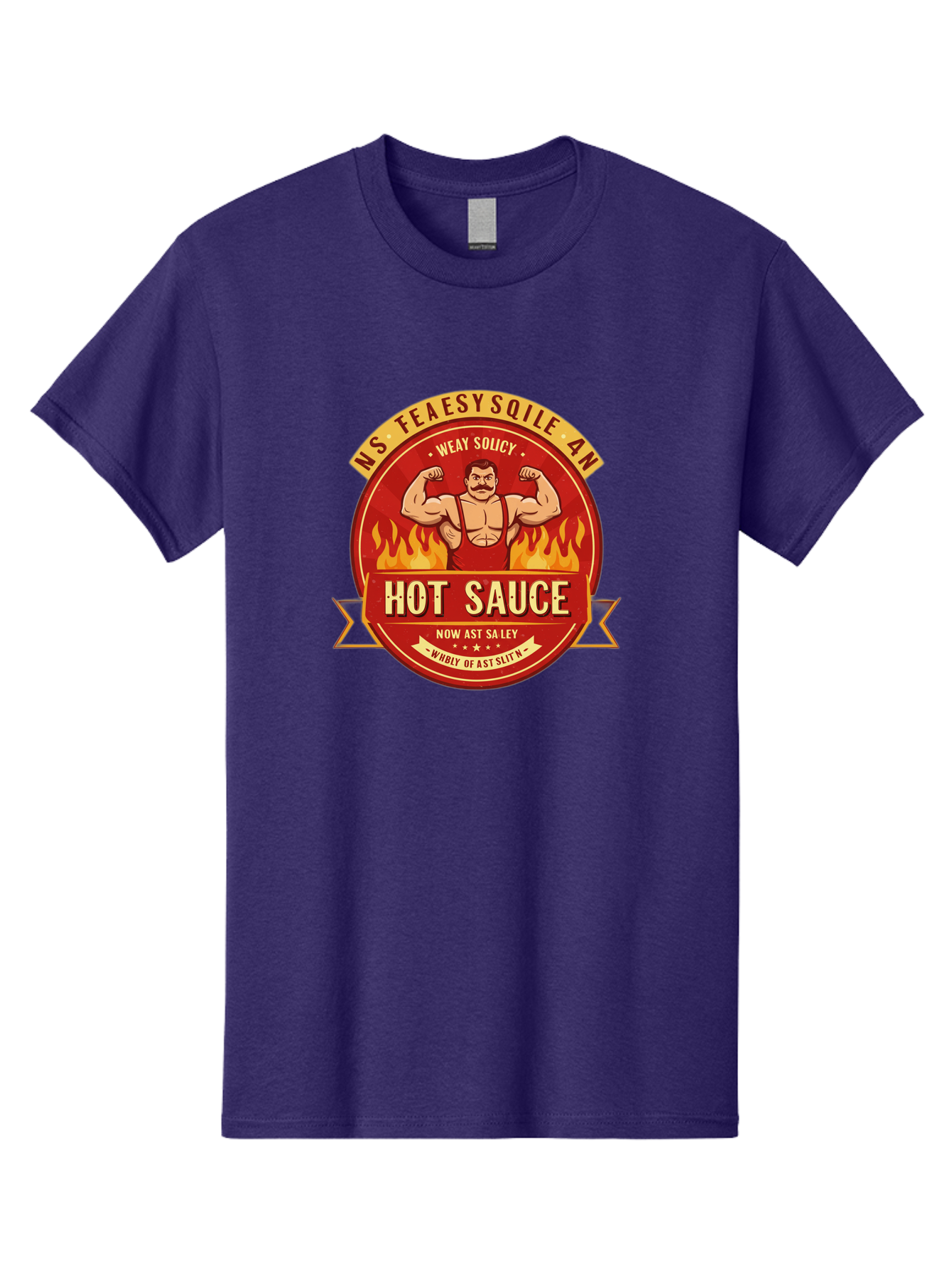 Ns-Feaesy-Sqile-An-Hot-Sauce Men'S Graphic Tee, 100% Cotton, Comfortable Casual Summer Wear, Machine Washable, Hot Sauce Label, Cartoon Strongman, Red And Yellow Design, Fiery Flames, Humorous Text, Playful Typography, Spicy Food, Bab047