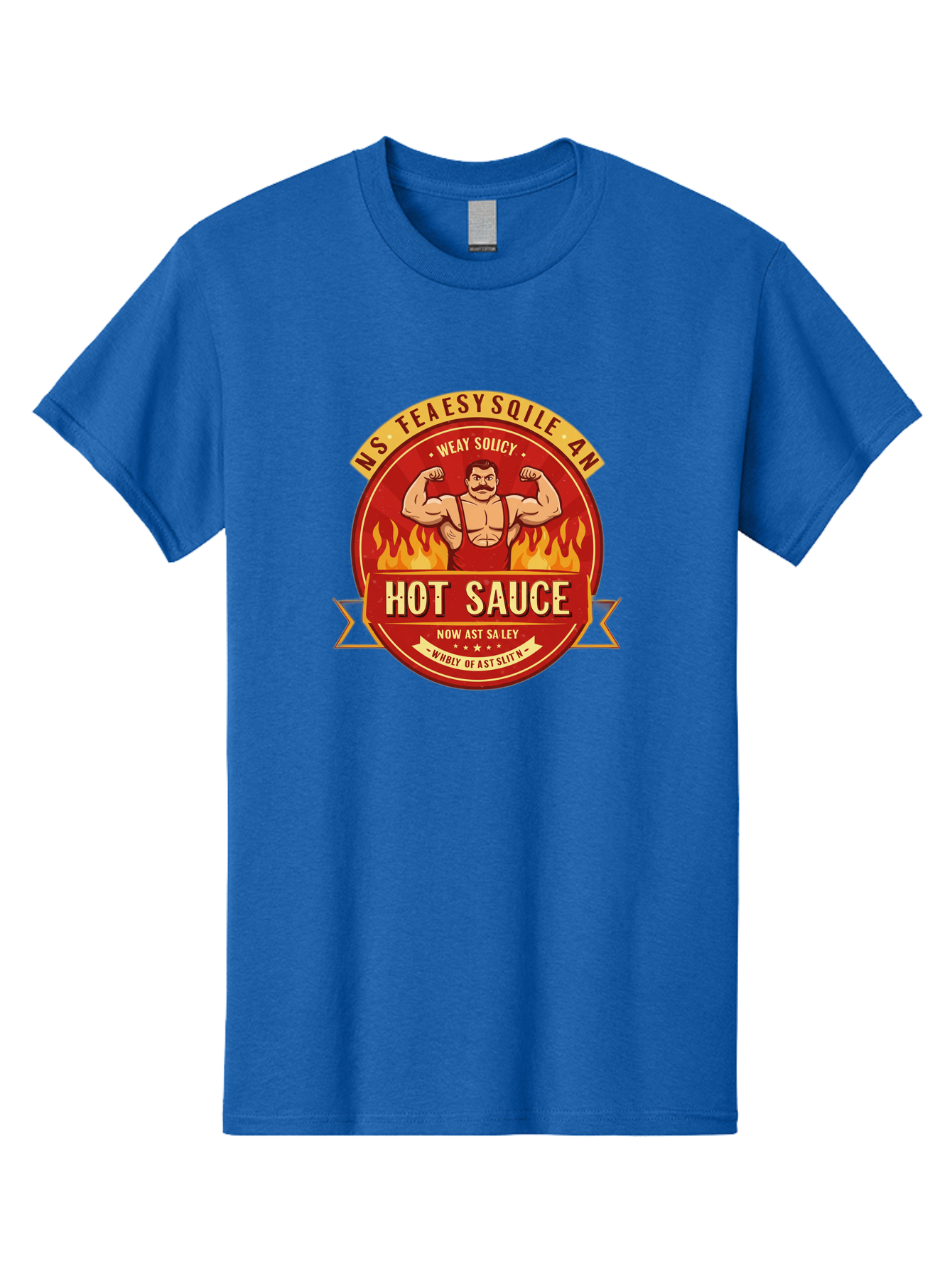 Ns-Feaesy-Sqile-An-Hot-Sauce Men'S Graphic Tee, 100% Cotton, Comfortable Casual Summer Wear, Machine Washable, Hot Sauce Label, Cartoon Strongman, Red And Yellow Design, Fiery Flames, Humorous Text, Playful Typography, Spicy Food, Bab047