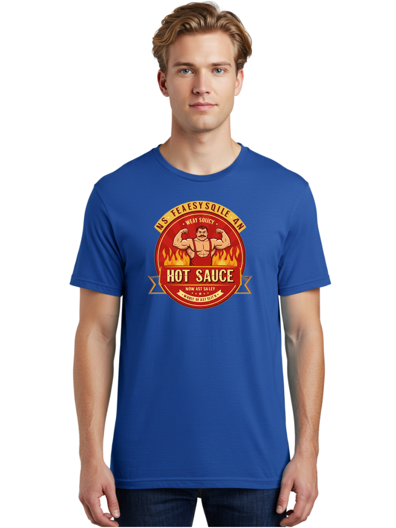 Ns-Feaesy-Sqile-An-Hot-Sauce Men'S Graphic Tee, 100% Cotton, Comfortable Casual Summer Wear, Machine Washable, Hot Sauce Label, Cartoon Strongman, Red And Yellow Design, Fiery Flames, Humorous Text, Playful Typography, Spicy Food, Bab047