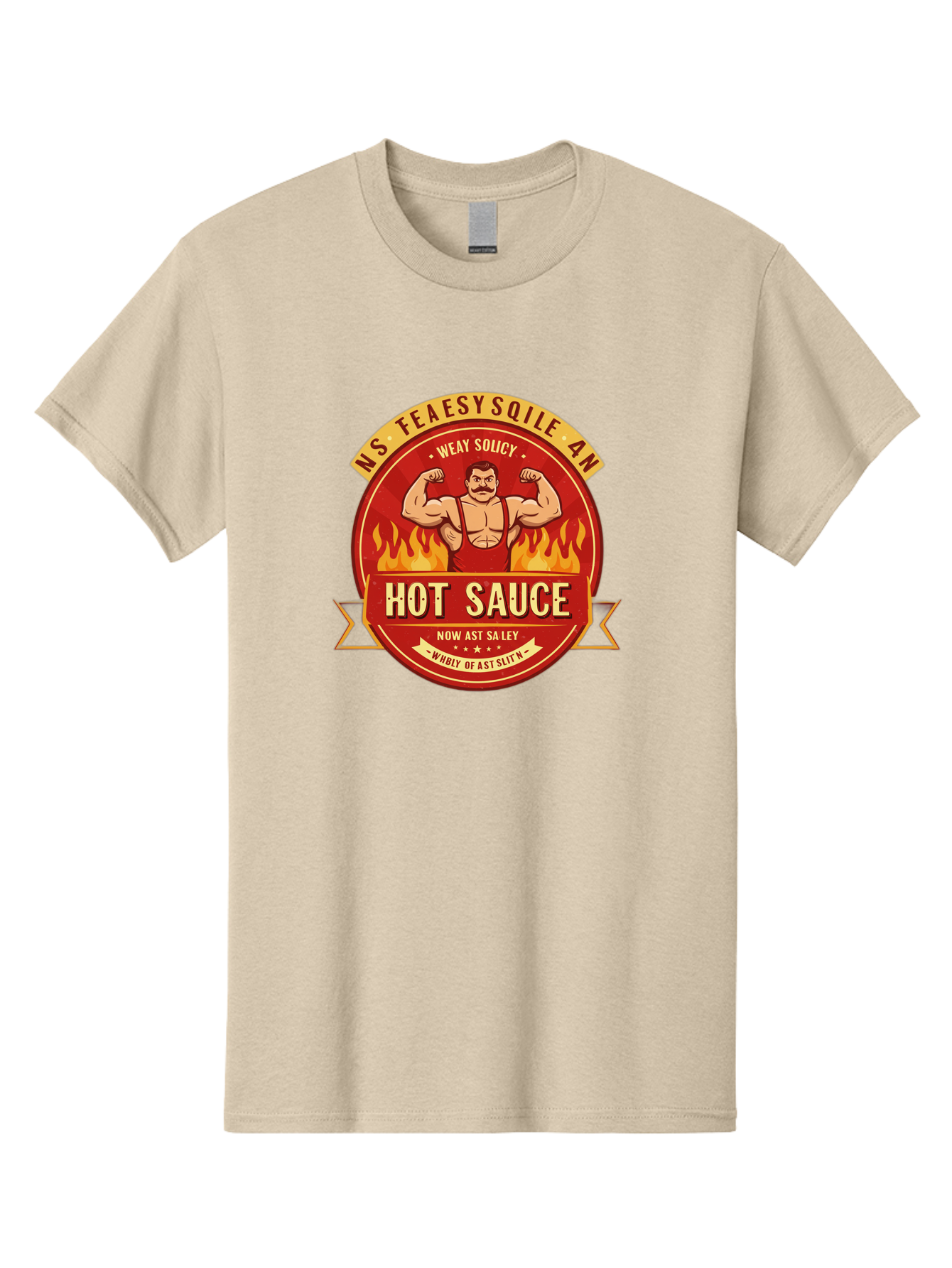 Ns-Feaesy-Sqile-An-Hot-Sauce Men'S Graphic Tee, 100% Cotton, Comfortable Casual Summer Wear, Machine Washable, Hot Sauce Label, Cartoon Strongman, Red And Yellow Design, Fiery Flames, Humorous Text, Playful Typography, Spicy Food, Bab047