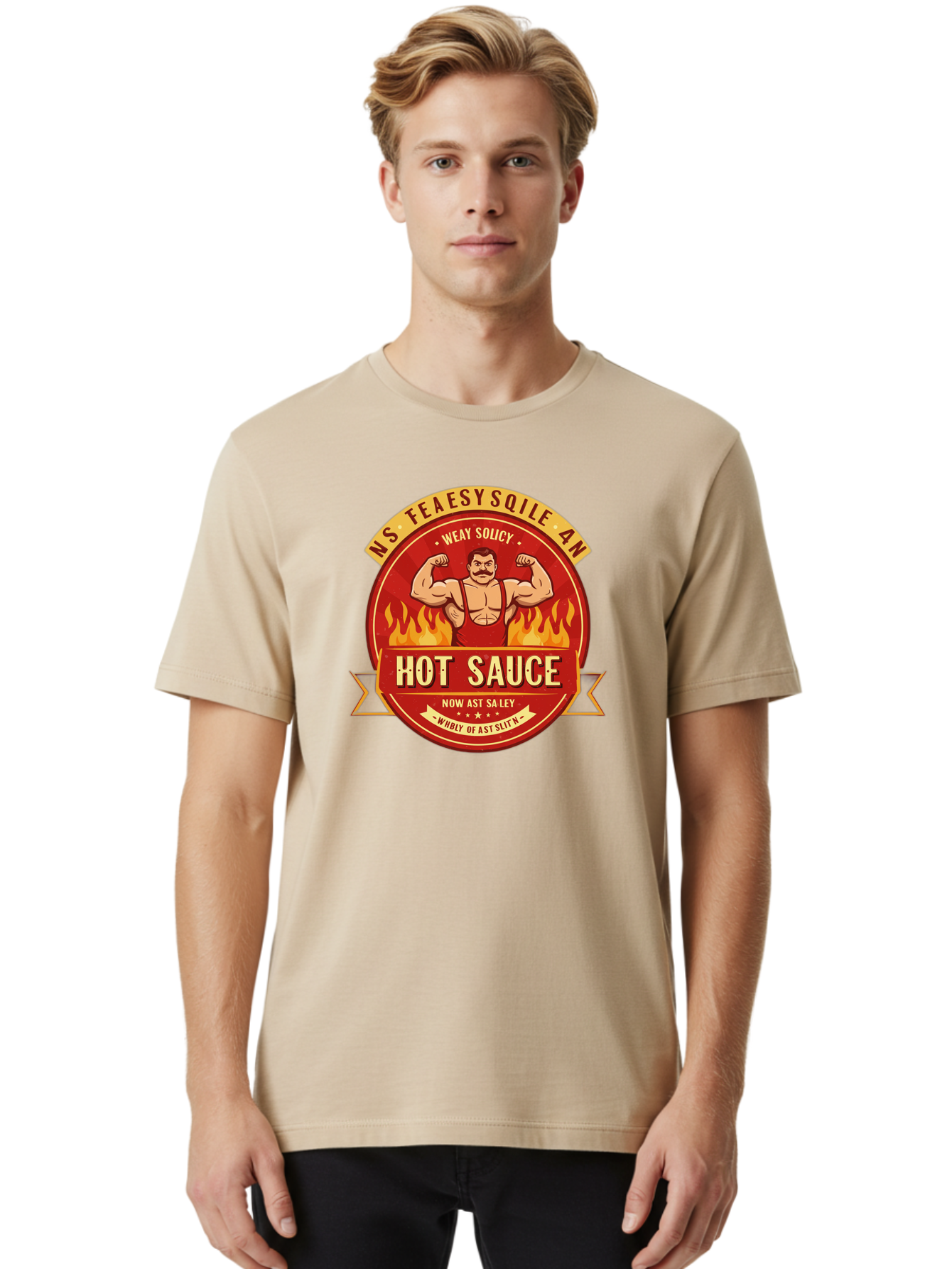 Ns-Feaesy-Sqile-An-Hot-Sauce Men'S Graphic Tee, 100% Cotton, Comfortable Casual Summer Wear, Machine Washable, Hot Sauce Label, Cartoon Strongman, Red And Yellow Design, Fiery Flames, Humorous Text, Playful Typography, Spicy Food, Bab047