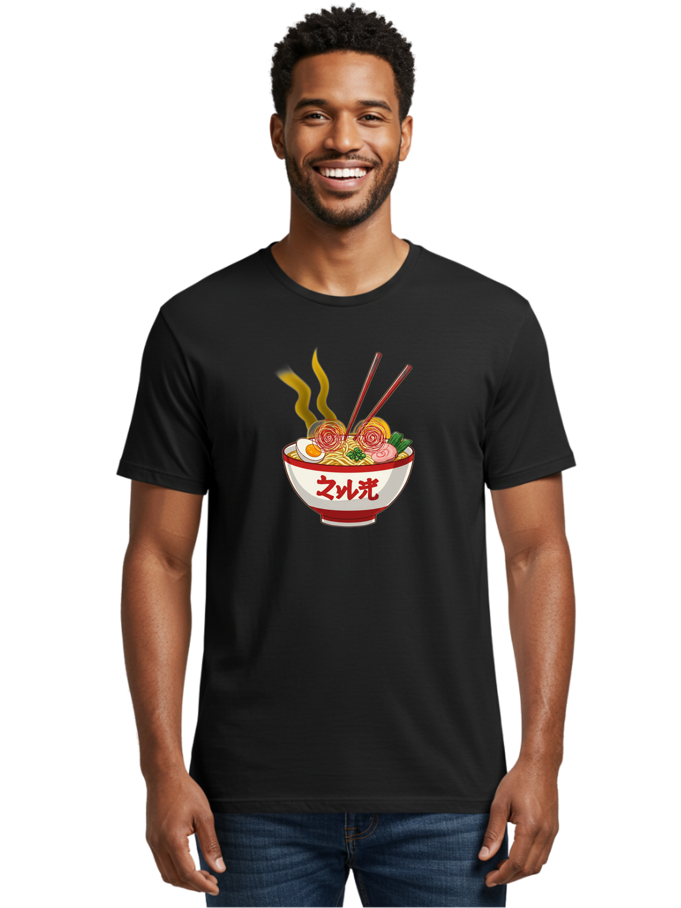 Null-Guang-Ramen Men'S Graphic Tee, 100% Cotton, Comfortable Casual Summer Wear, Machine Washable, Steaming Hot Ramen, Japanese Noodle Soup, Savory Broth, Boiled Egg, Sliced Pork, Green Onions, Chopsticks, Naruto Swirls, Delicious Meal, Bab048