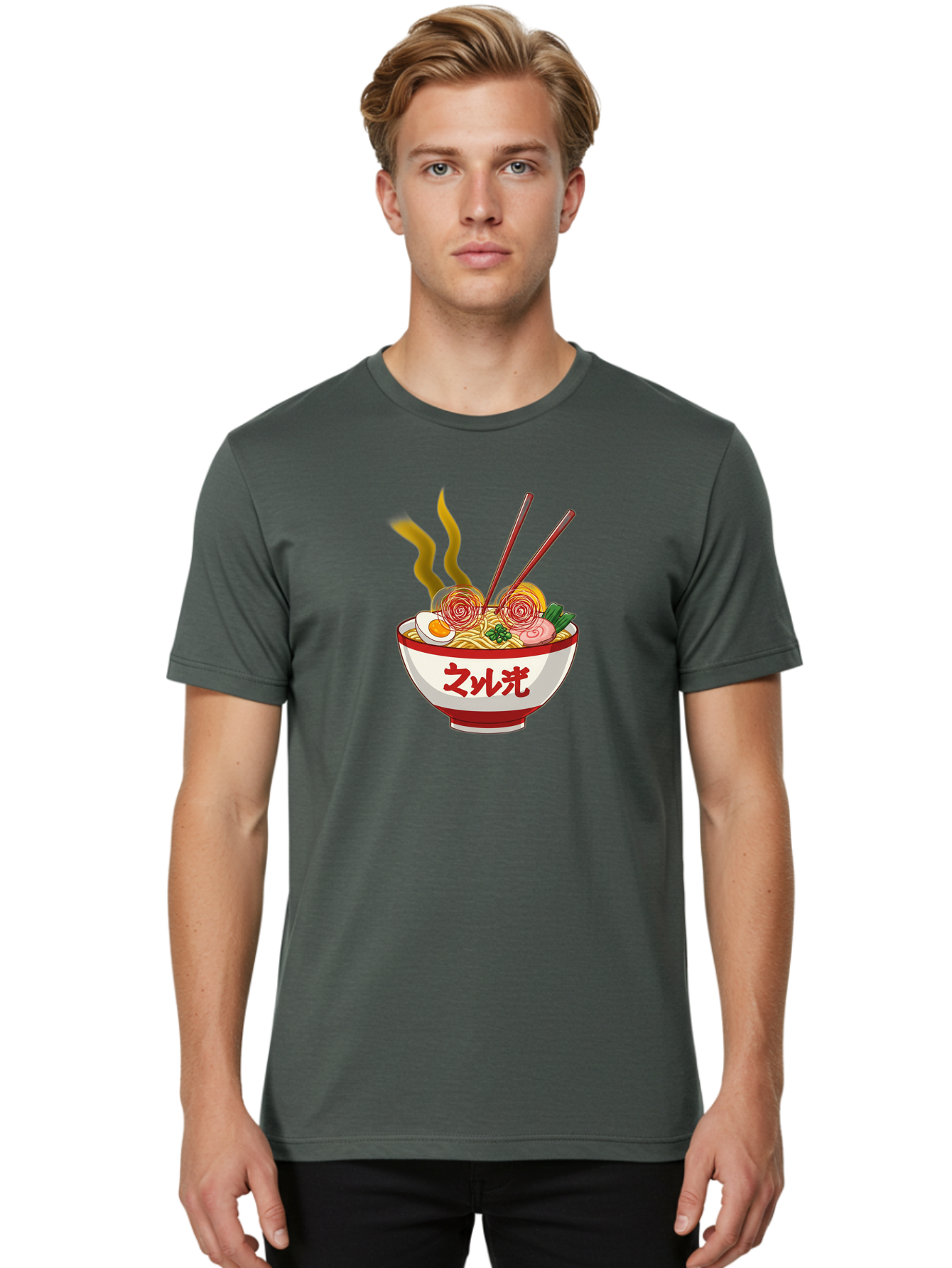 Null-Guang-Ramen Men'S Graphic Tee, 100% Cotton, Comfortable Casual Summer Wear, Machine Washable, Steaming Hot Ramen, Japanese Noodle Soup, Savory Broth, Boiled Egg, Sliced Pork, Green Onions, Chopsticks, Naruto Swirls, Delicious Meal, Bab048