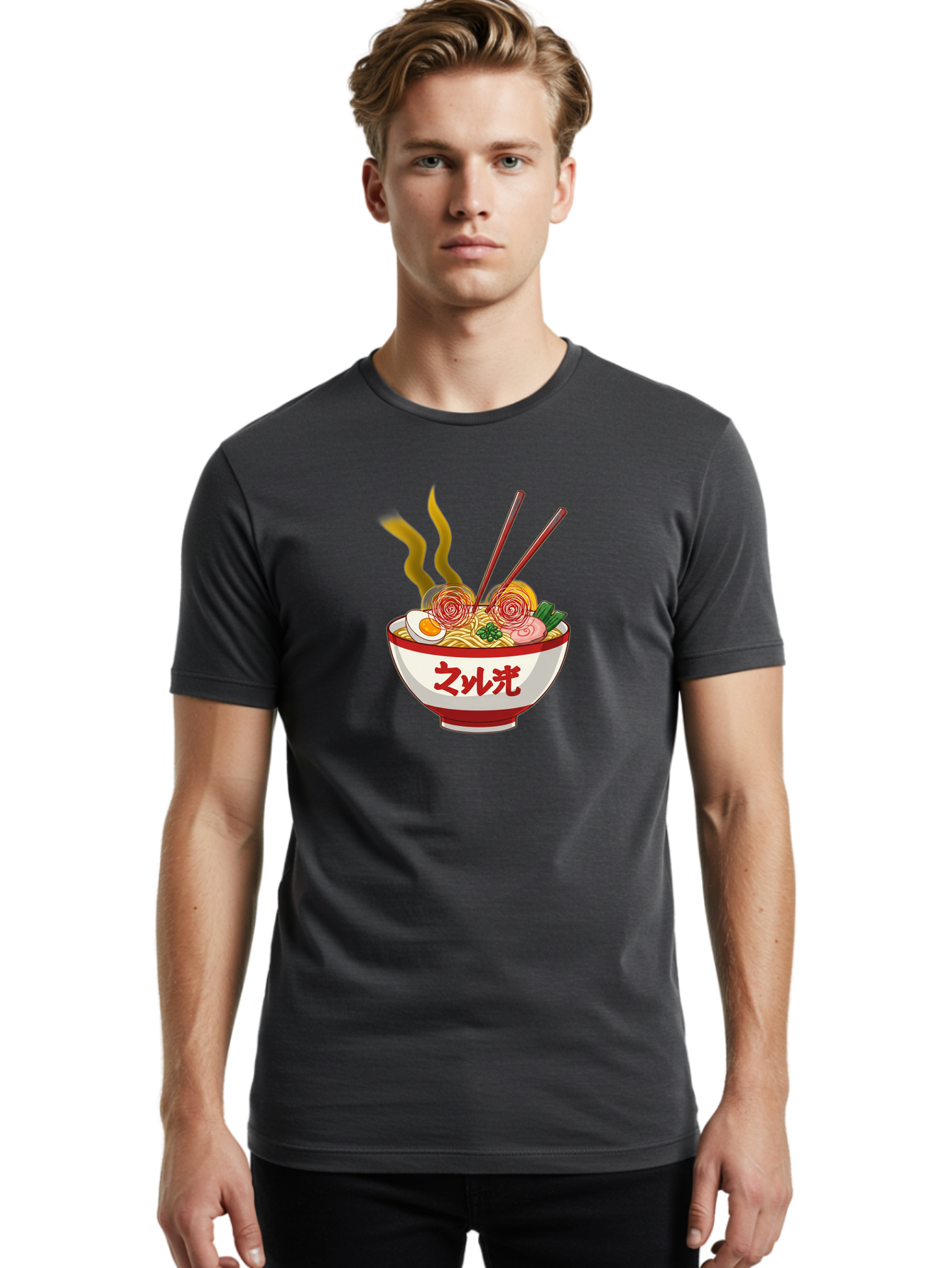 Null-Guang-Ramen Men'S Graphic Tee, 100% Cotton, Comfortable Casual Summer Wear, Machine Washable, Steaming Hot Ramen, Japanese Noodle Soup, Savory Broth, Boiled Egg, Sliced Pork, Green Onions, Chopsticks, Naruto Swirls, Delicious Meal, Bab048