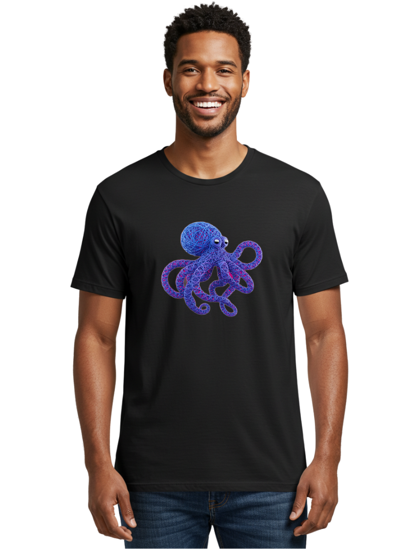 Octopus Men'S Graphic Tee, 100% Cotton, Comfortable Casual Summer Wear, Machine Washable, Colorful Octopus, String Art, Blue And Purple Hues, 3D Illustration, Whimsical Design, Underwater Creature, Artistic Representation, Creative Artwork, Bab049