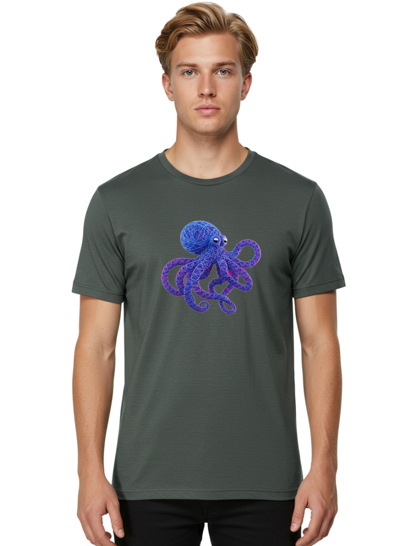 Octopus Men'S Graphic Tee, 100% Cotton, Comfortable Casual Summer Wear, Machine Washable, Colorful Octopus, String Art, Blue And Purple Hues, 3D Illustration, Whimsical Design, Underwater Creature, Artistic Representation, Creative Artwork, Bab049
