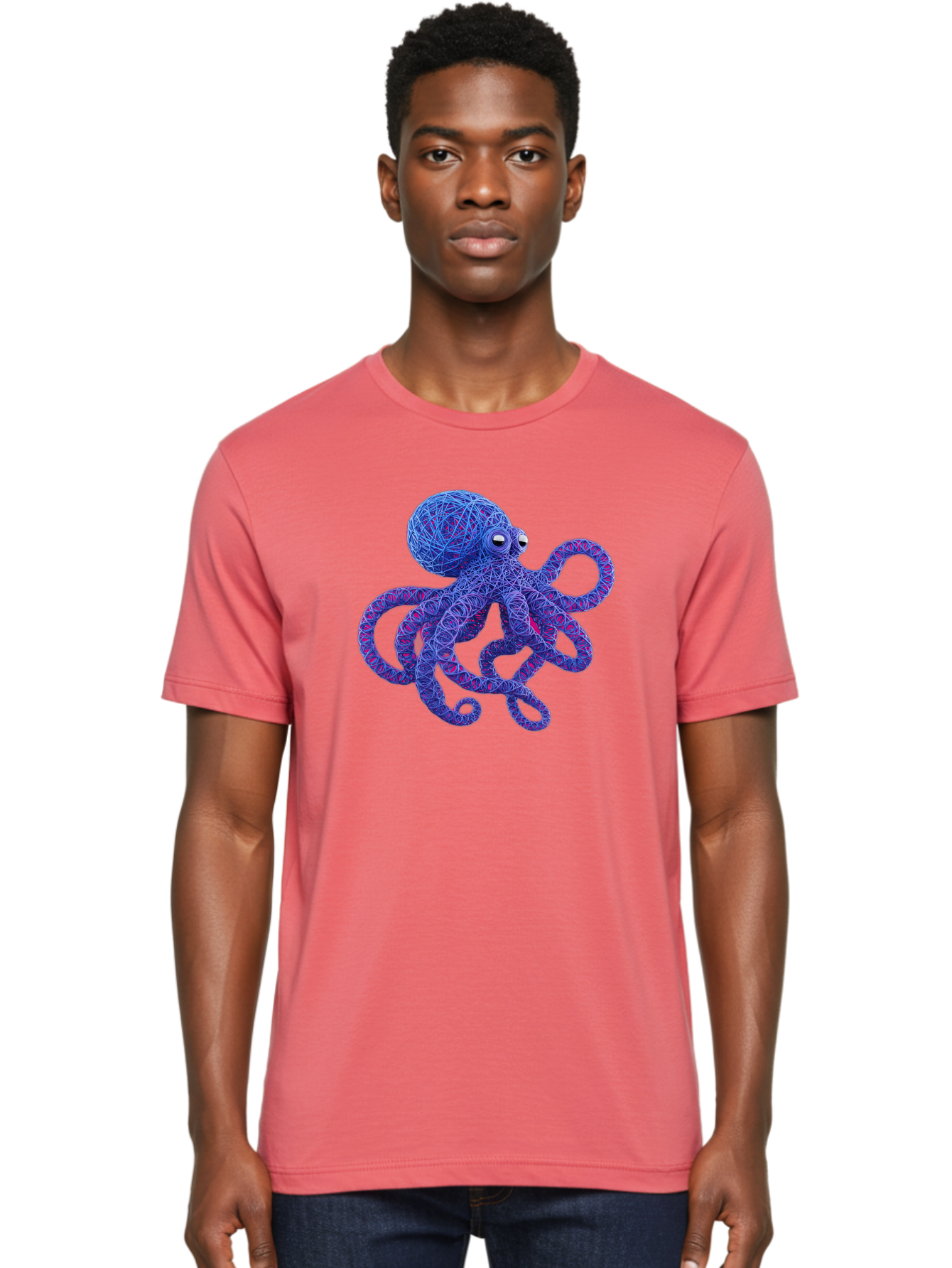 Octopus Men'S Graphic Tee, 100% Cotton, Comfortable Casual Summer Wear, Machine Washable, Colorful Octopus, String Art, Blue And Purple Hues, 3D Illustration, Whimsical Design, Underwater Creature, Artistic Representation, Creative Artwork, Bab049