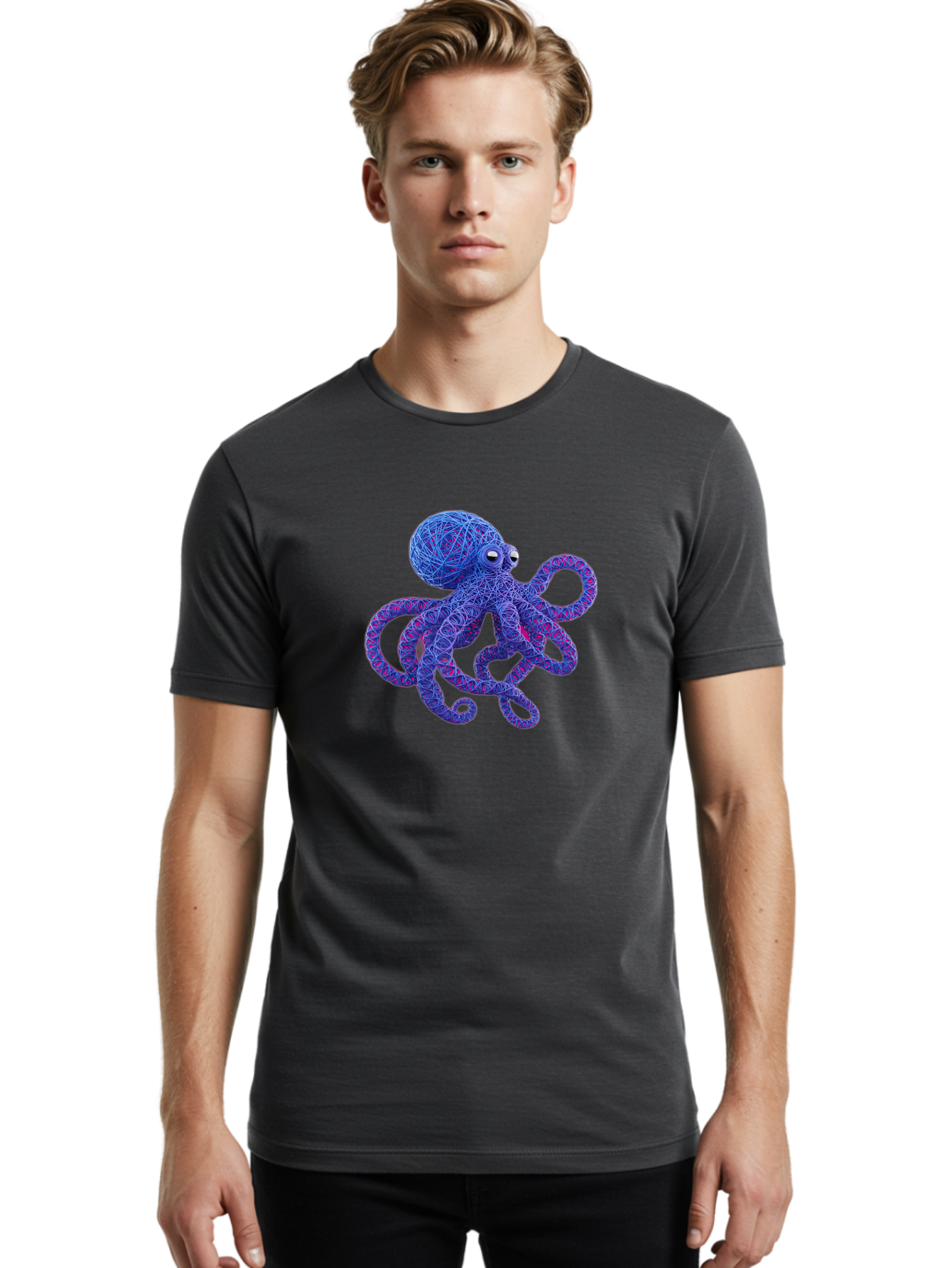 Octopus Men'S Graphic Tee, 100% Cotton, Comfortable Casual Summer Wear, Machine Washable, Colorful Octopus, String Art, Blue And Purple Hues, 3D Illustration, Whimsical Design, Underwater Creature, Artistic Representation, Creative Artwork, Bab049