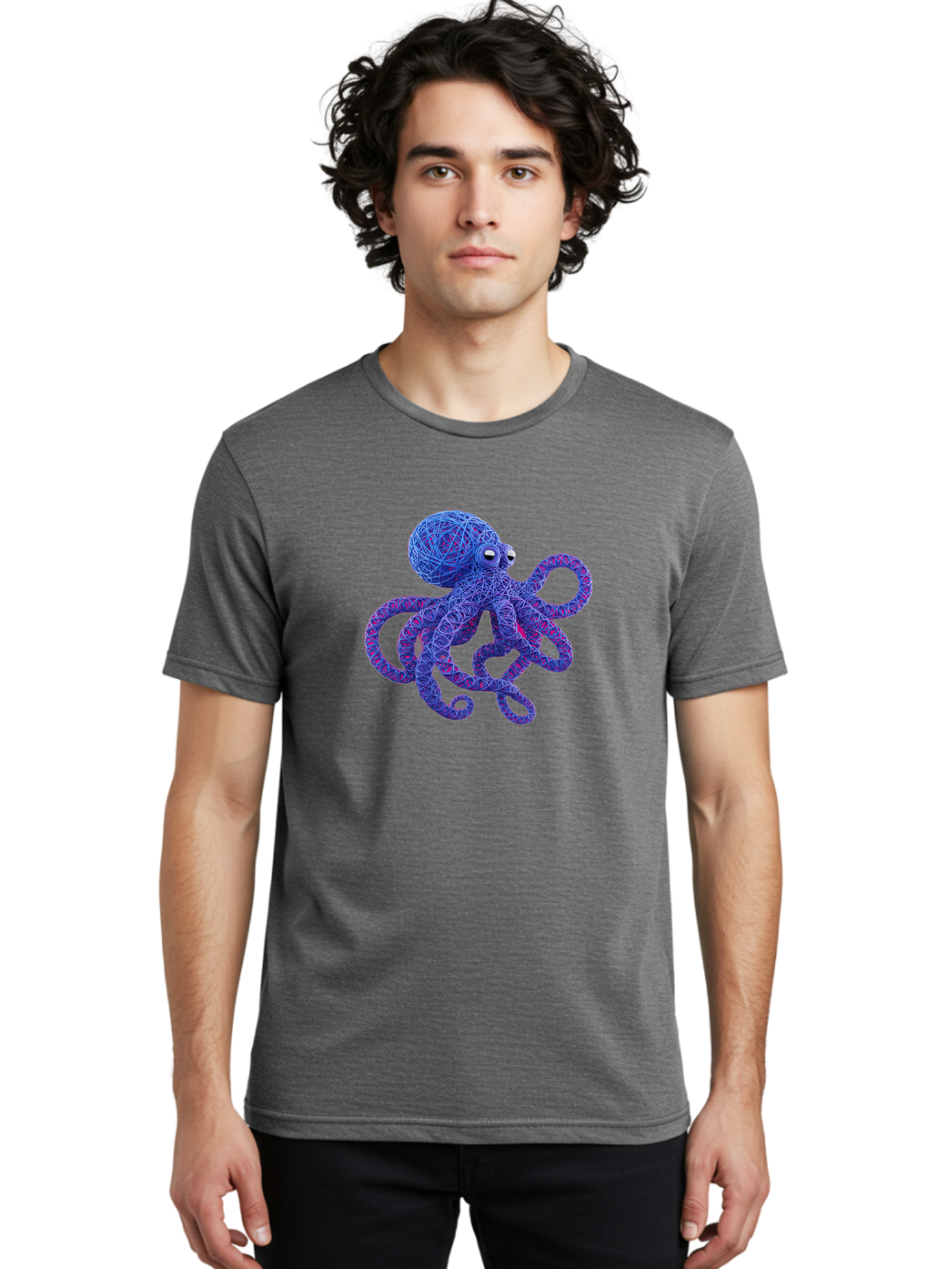 Octopus Men'S Graphic Tee, 100% Cotton, Comfortable Casual Summer Wear, Machine Washable, Colorful Octopus, String Art, Blue And Purple Hues, 3D Illustration, Whimsical Design, Underwater Creature, Artistic Representation, Creative Artwork, Bab049