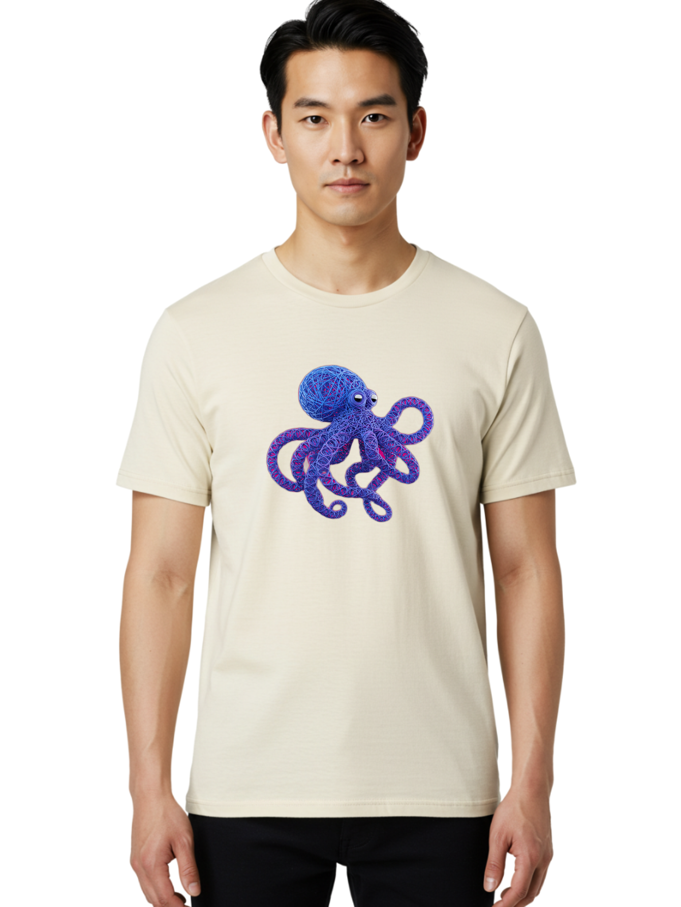 Octopus Men'S Graphic Tee, 100% Cotton, Comfortable Casual Summer Wear, Machine Washable, Colorful Octopus, String Art, Blue And Purple Hues, 3D Illustration, Whimsical Design, Underwater Creature, Artistic Representation, Creative Artwork, Bab049