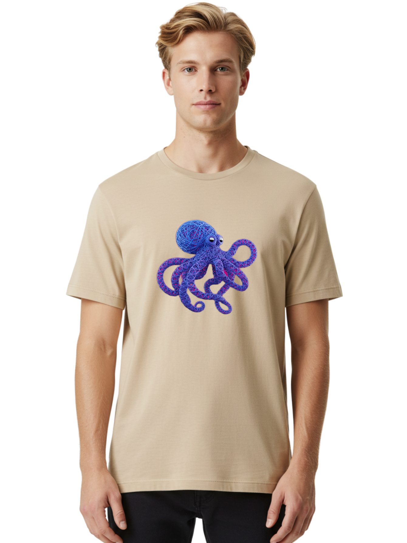 Octopus Men'S Graphic Tee, 100% Cotton, Comfortable Casual Summer Wear, Machine Washable, Colorful Octopus, String Art, Blue And Purple Hues, 3D Illustration, Whimsical Design, Underwater Creature, Artistic Representation, Creative Artwork, Bab049