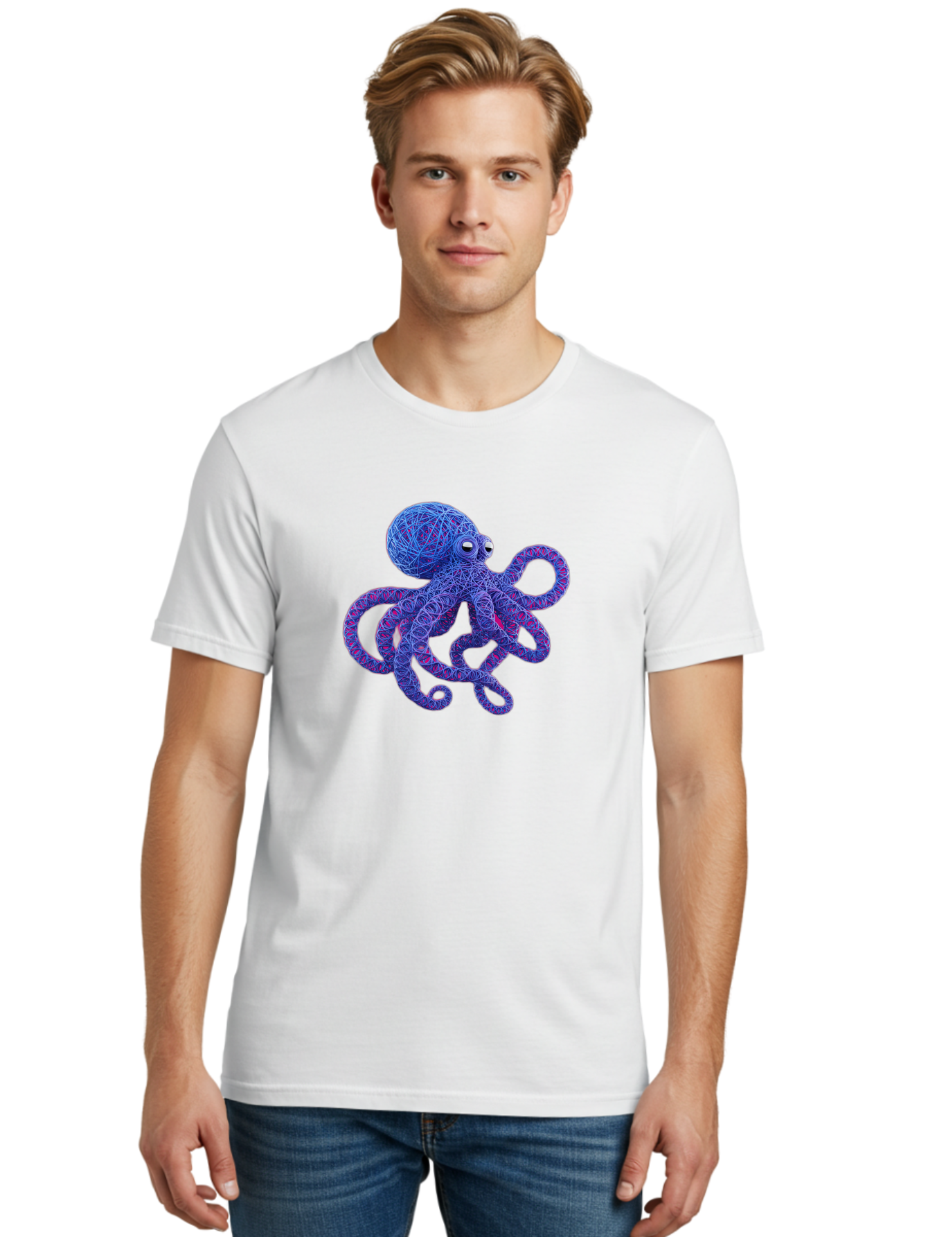 Octopus Men'S Graphic Tee, 100% Cotton, Comfortable Casual Summer Wear, Machine Washable, Colorful Octopus, String Art, Blue And Purple Hues, 3D Illustration, Whimsical Design, Underwater Creature, Artistic Representation, Creative Artwork, Bab049