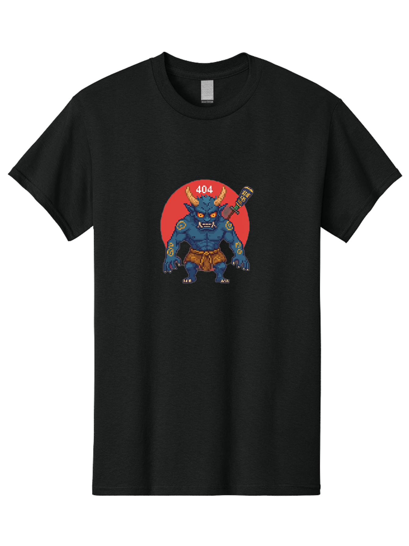 Oni-404 Men'S Graphic Tee, 100% Cotton, Comfortable Casual Summer Wear, Machine Washable, Blue Oni, Pixel Art Illustration, 8-Bit Style, Error 404, Red Circle Background, Gaming Aesthetic, Japanese Folklore, Cartoon Character, Bab051