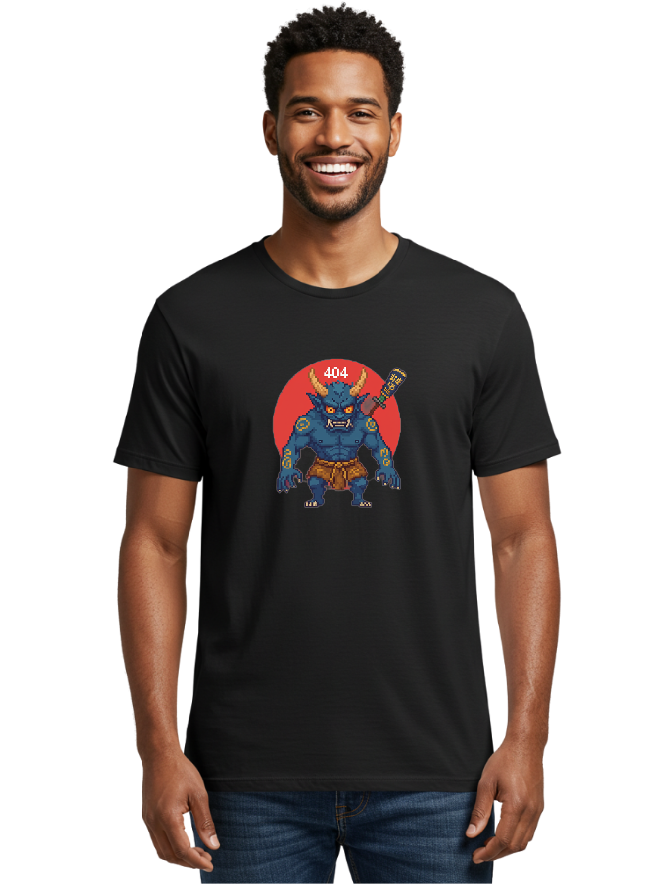 Oni-404 Men'S Graphic Tee, 100% Cotton, Comfortable Casual Summer Wear, Machine Washable, Blue Oni, Pixel Art Illustration, 8-Bit Style, Error 404, Red Circle Background, Gaming Aesthetic, Japanese Folklore, Cartoon Character, Bab051