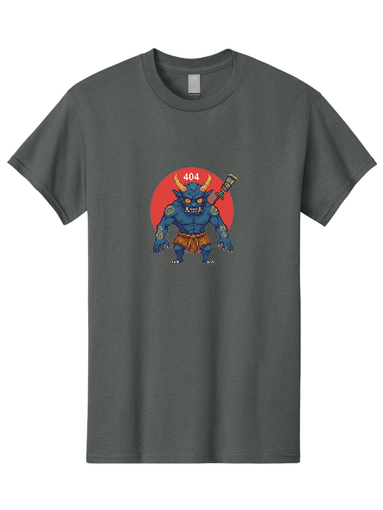 Oni-404 Men'S Graphic Tee, 100% Cotton, Comfortable Casual Summer Wear, Machine Washable, Blue Oni, Pixel Art Illustration, 8-Bit Style, Error 404, Red Circle Background, Gaming Aesthetic, Japanese Folklore, Cartoon Character, Bab051