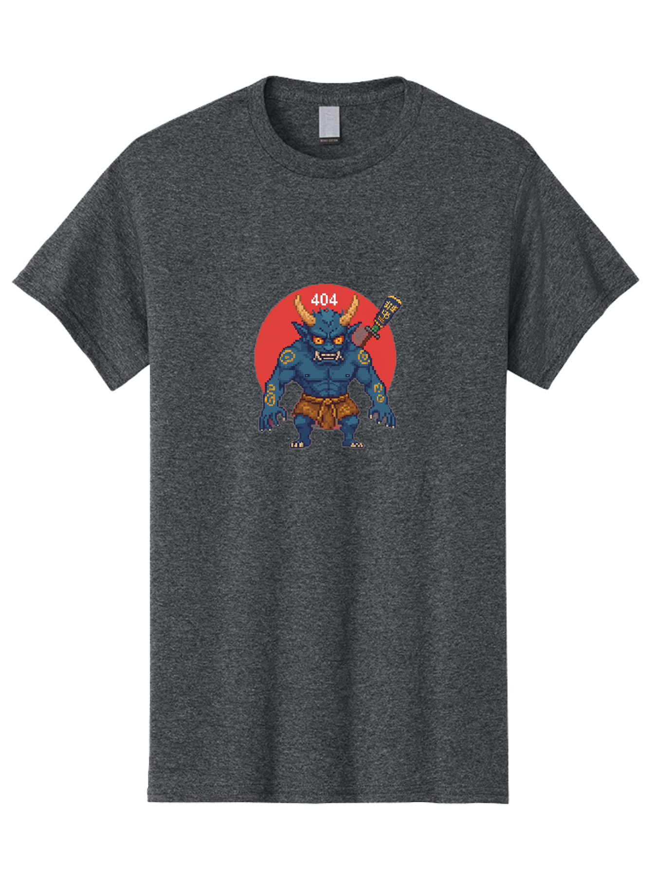 Oni-404 Men'S Graphic Tee, 100% Cotton, Comfortable Casual Summer Wear, Machine Washable, Blue Oni, Pixel Art Illustration, 8-Bit Style, Error 404, Red Circle Background, Gaming Aesthetic, Japanese Folklore, Cartoon Character, Bab051