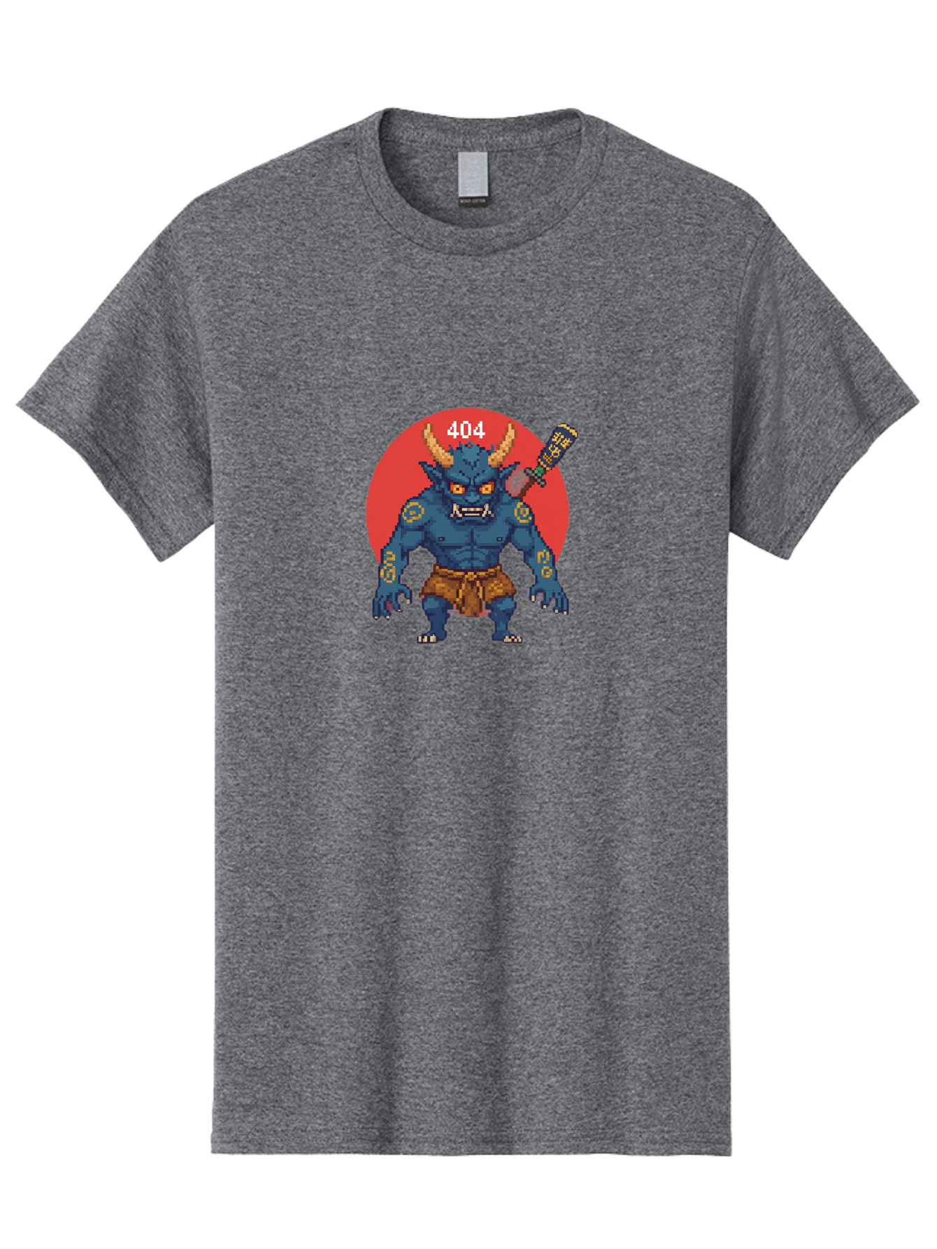 Oni-404 Men'S Graphic Tee, 100% Cotton, Comfortable Casual Summer Wear, Machine Washable, Blue Oni, Pixel Art Illustration, 8-Bit Style, Error 404, Red Circle Background, Gaming Aesthetic, Japanese Folklore, Cartoon Character, Bab051