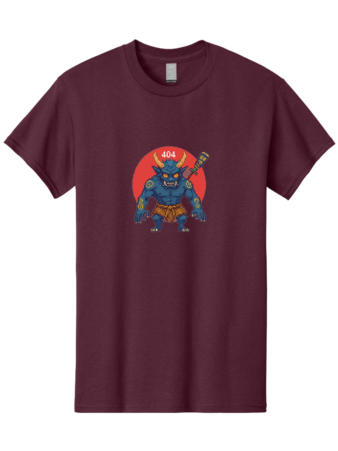 Oni-404 Men'S Graphic Tee, 100% Cotton, Comfortable Casual Summer Wear, Machine Washable, Blue Oni, Pixel Art Illustration, 8-Bit Style, Error 404, Red Circle Background, Gaming Aesthetic, Japanese Folklore, Cartoon Character, Bab051
