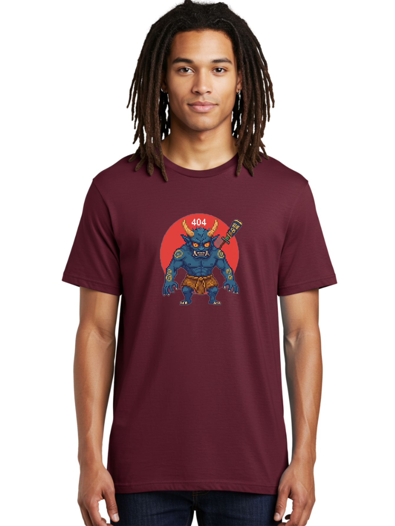 Oni-404 Men'S Graphic Tee, 100% Cotton, Comfortable Casual Summer Wear, Machine Washable, Blue Oni, Pixel Art Illustration, 8-Bit Style, Error 404, Red Circle Background, Gaming Aesthetic, Japanese Folklore, Cartoon Character, Bab051