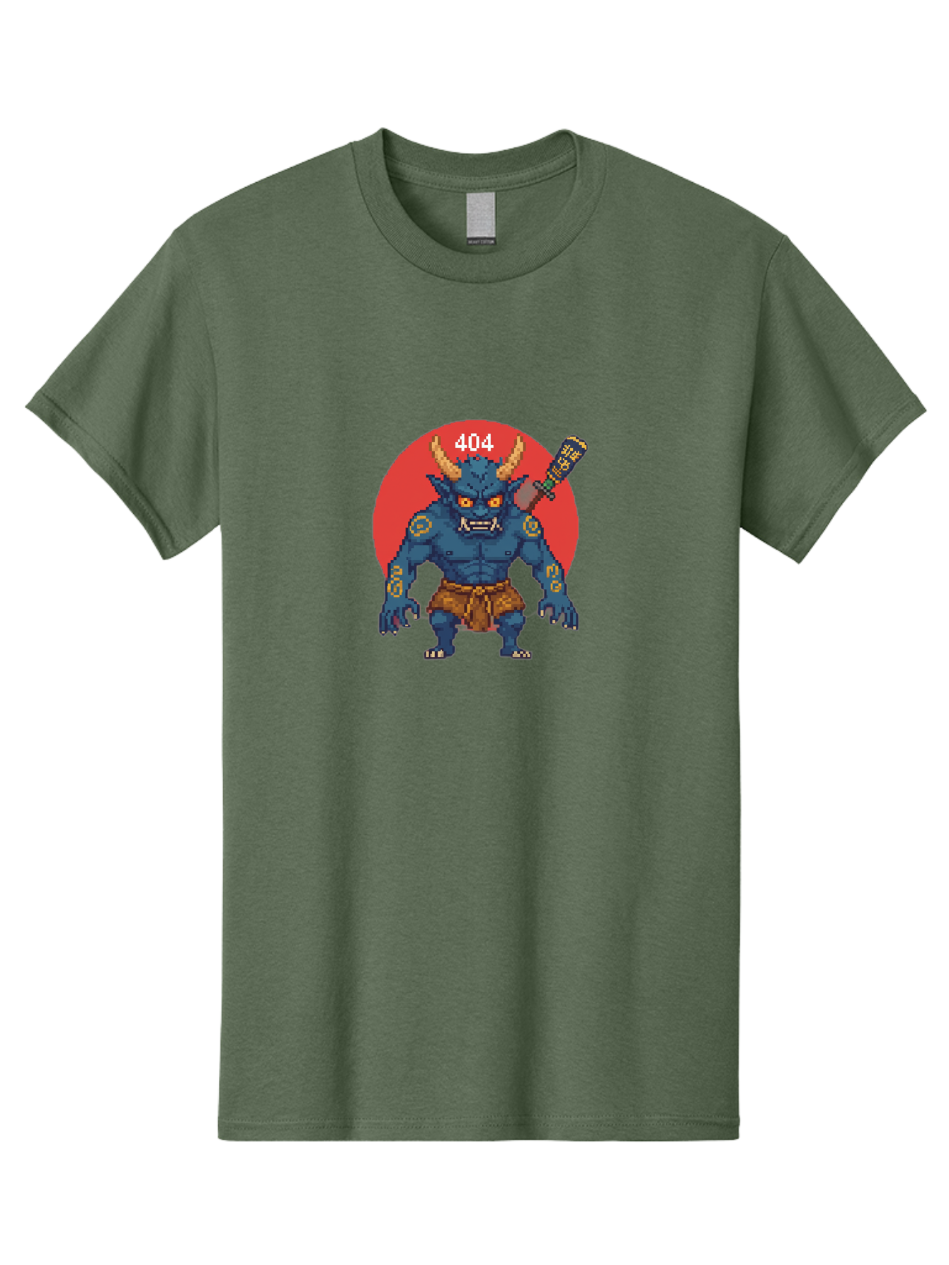 Oni-404 Men'S Graphic Tee, 100% Cotton, Comfortable Casual Summer Wear, Machine Washable, Blue Oni, Pixel Art Illustration, 8-Bit Style, Error 404, Red Circle Background, Gaming Aesthetic, Japanese Folklore, Cartoon Character, Bab051