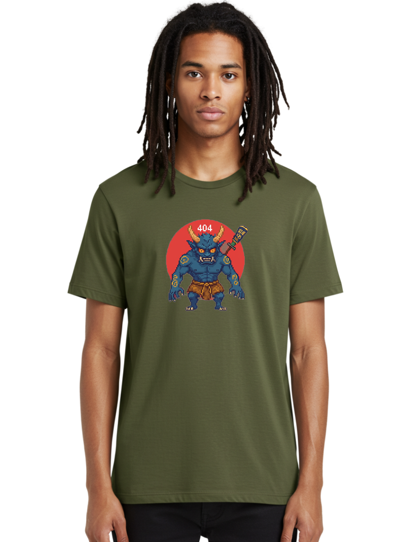Oni-404 Men'S Graphic Tee, 100% Cotton, Comfortable Casual Summer Wear, Machine Washable, Blue Oni, Pixel Art Illustration, 8-Bit Style, Error 404, Red Circle Background, Gaming Aesthetic, Japanese Folklore, Cartoon Character, Bab051