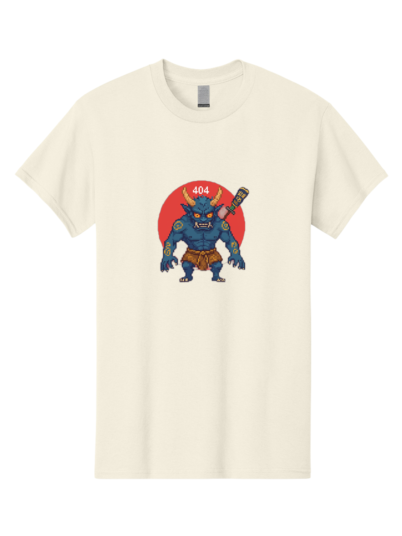 Oni-404 Men'S Graphic Tee, 100% Cotton, Comfortable Casual Summer Wear, Machine Washable, Blue Oni, Pixel Art Illustration, 8-Bit Style, Error 404, Red Circle Background, Gaming Aesthetic, Japanese Folklore, Cartoon Character, Bab051