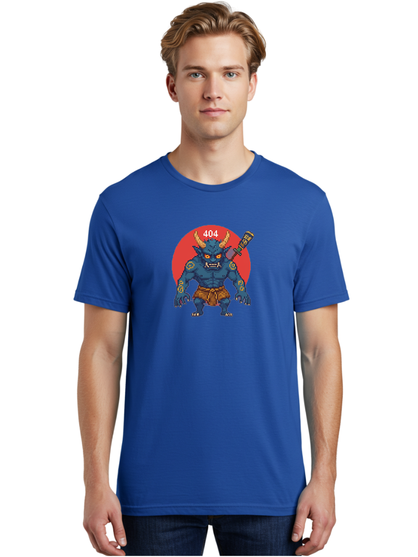 Oni-404 Men'S Graphic Tee, 100% Cotton, Comfortable Casual Summer Wear, Machine Washable, Blue Oni, Pixel Art Illustration, 8-Bit Style, Error 404, Red Circle Background, Gaming Aesthetic, Japanese Folklore, Cartoon Character, Bab051